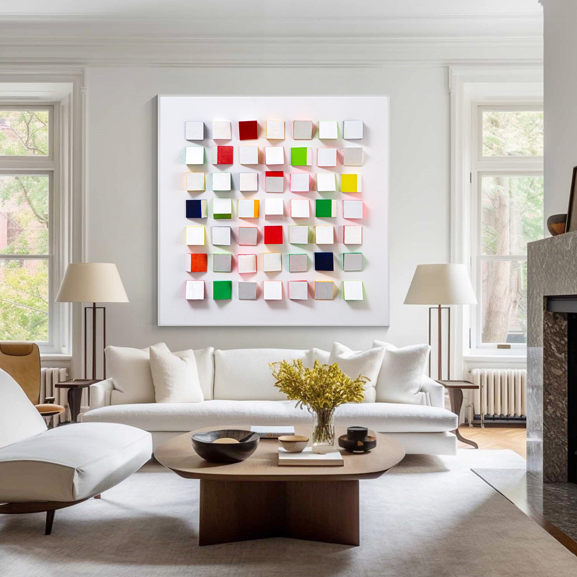 Colorful wood block abstract geometric cube wall art