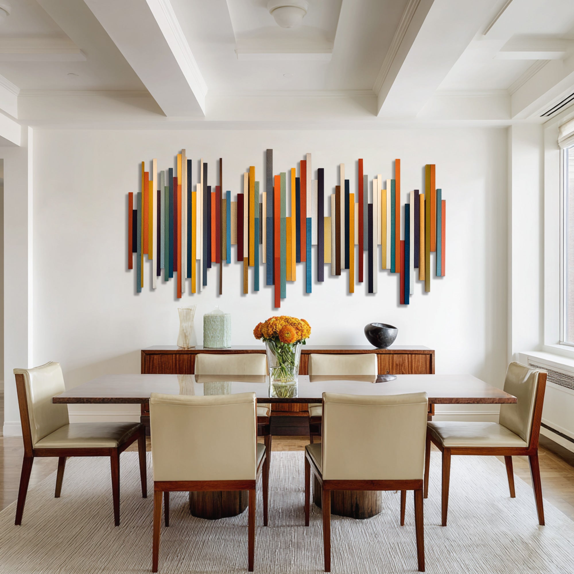 Colorful wood slat wall art abstract sound wave design