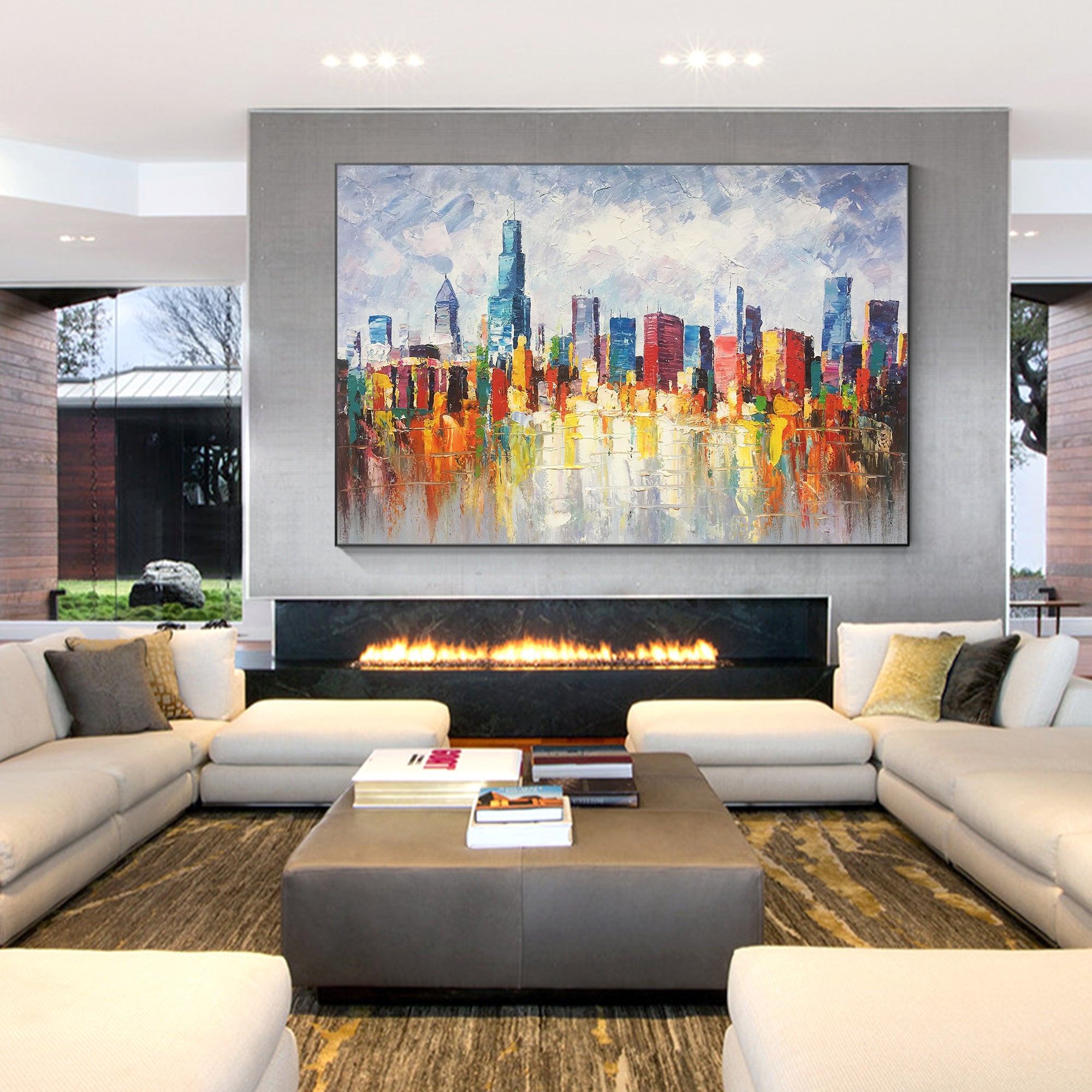 Chicago skyline wall art featuring vibrant abstract textured painting.