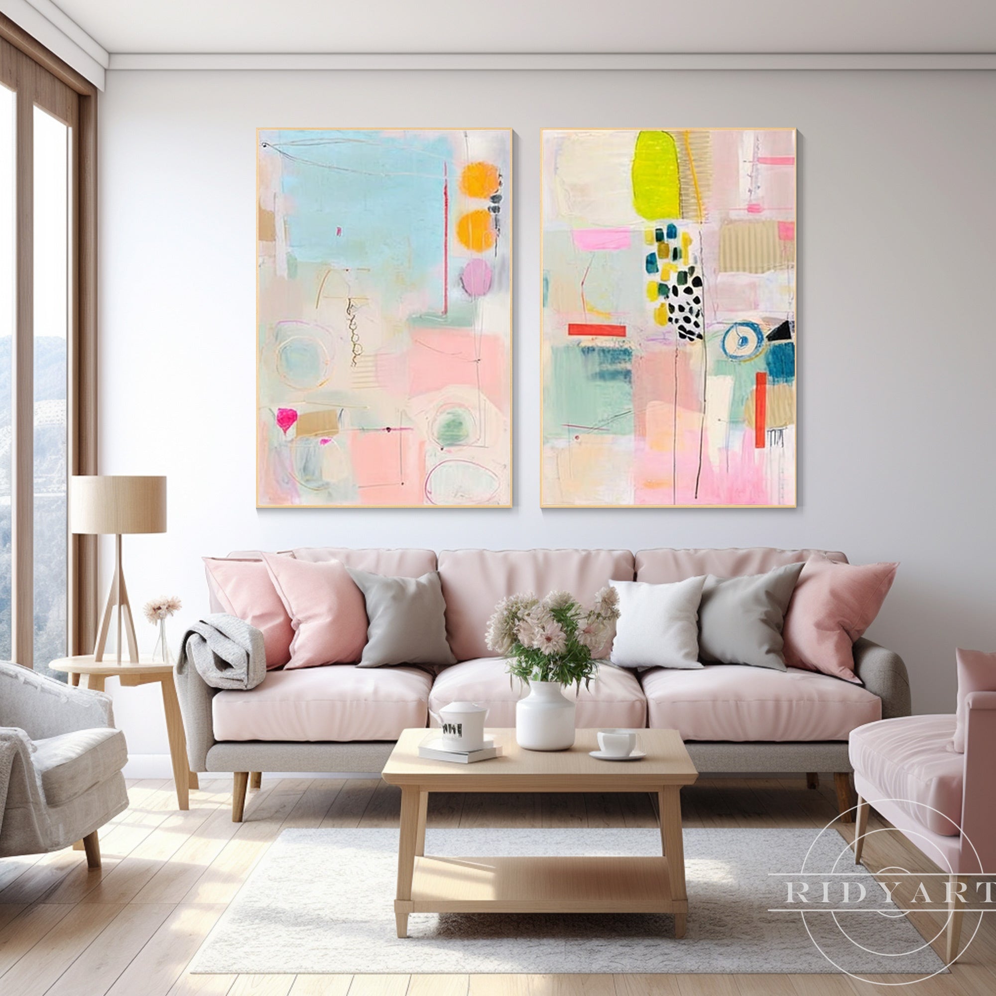 Artistic abstract wall art set combining organic shapes, fine lines, and soft colors.