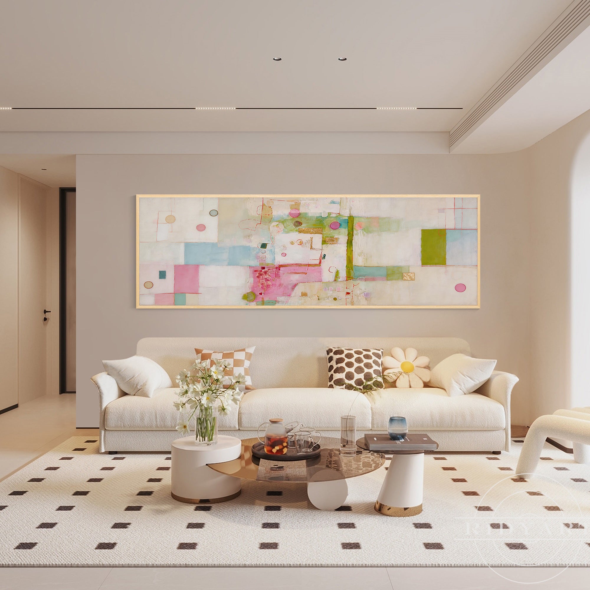 Contemporary panoramic canvas artwork with geometric shapes and layered textures.