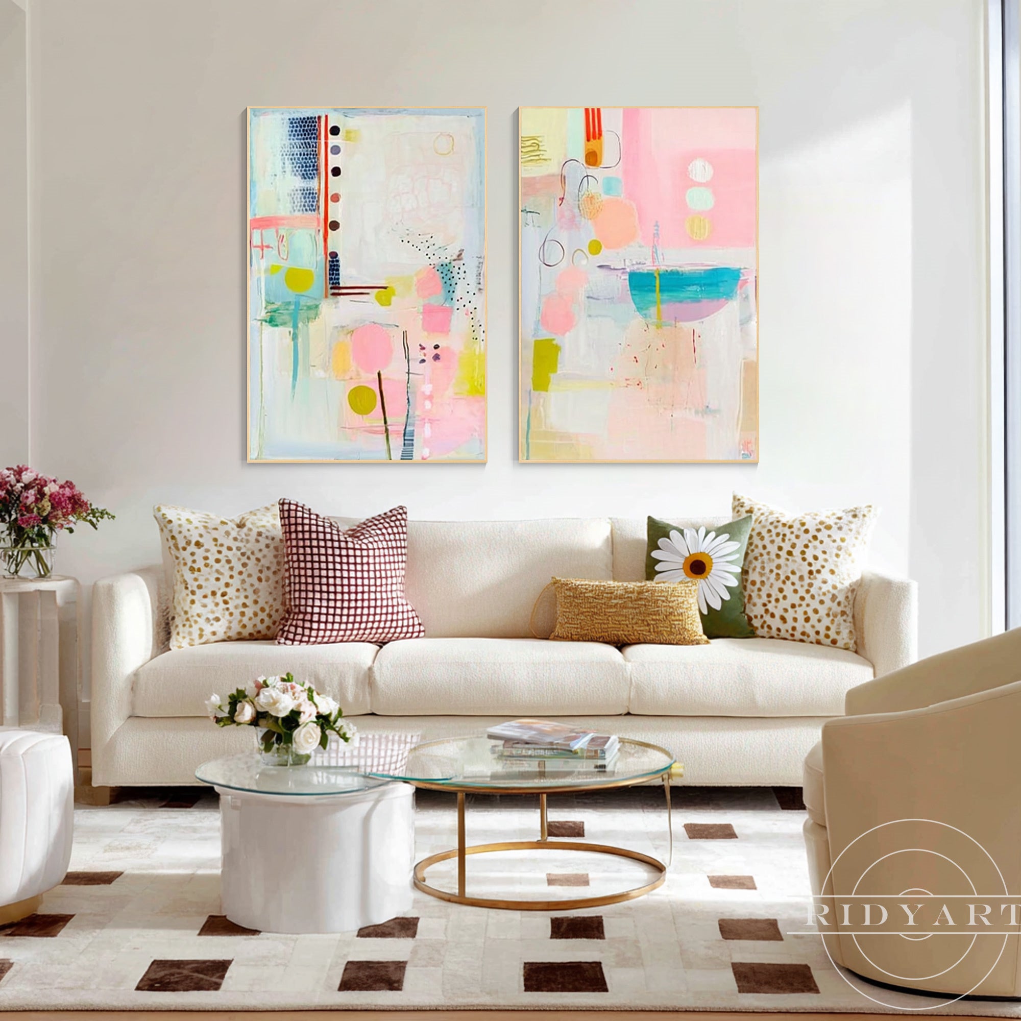 Modern abstract wall art diptych with blush pink, aqua blue, yellow, and ivory tones.