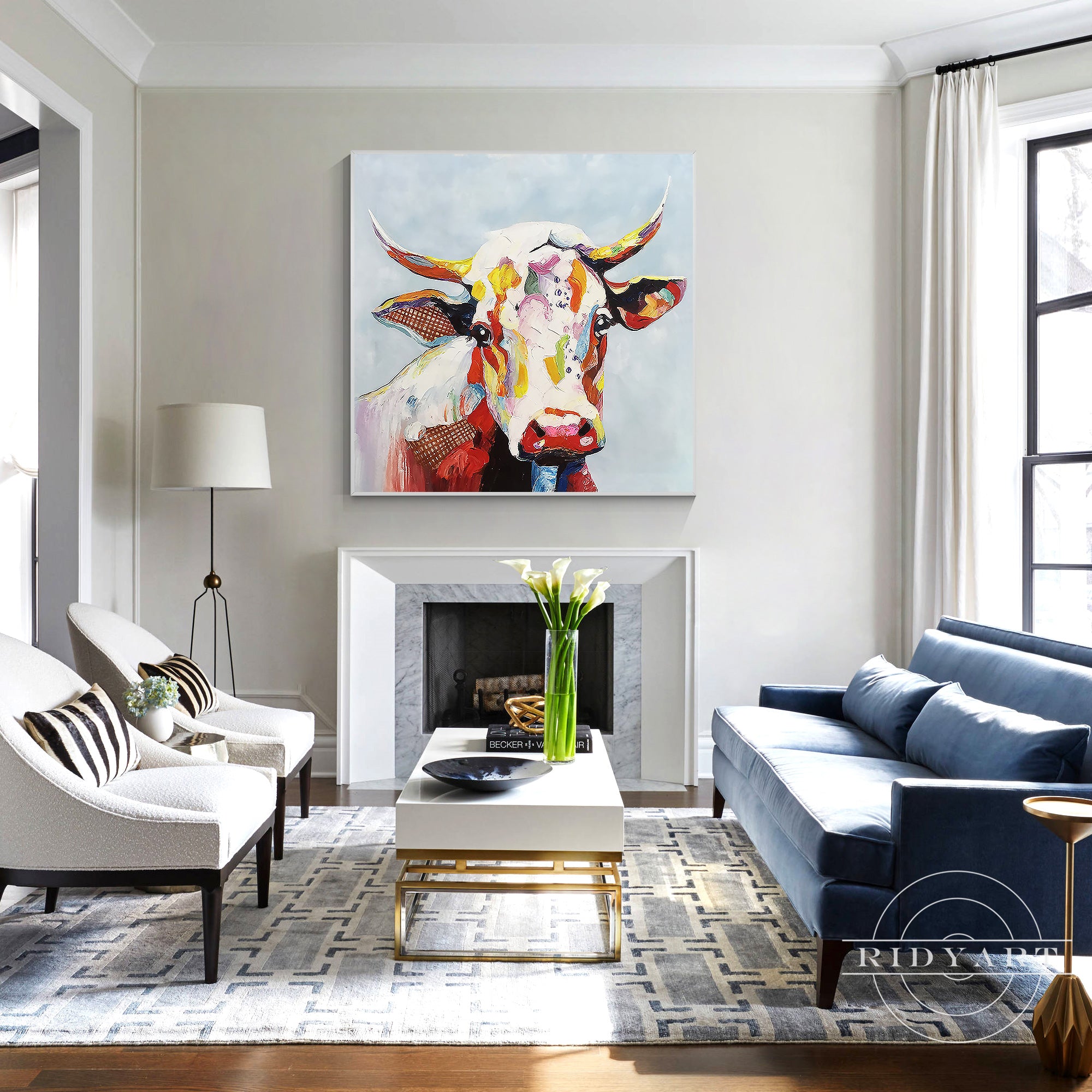 Colorful cattle canvas painting with artistic brushstroke details, ideal for living room, bedroom, or office decor.