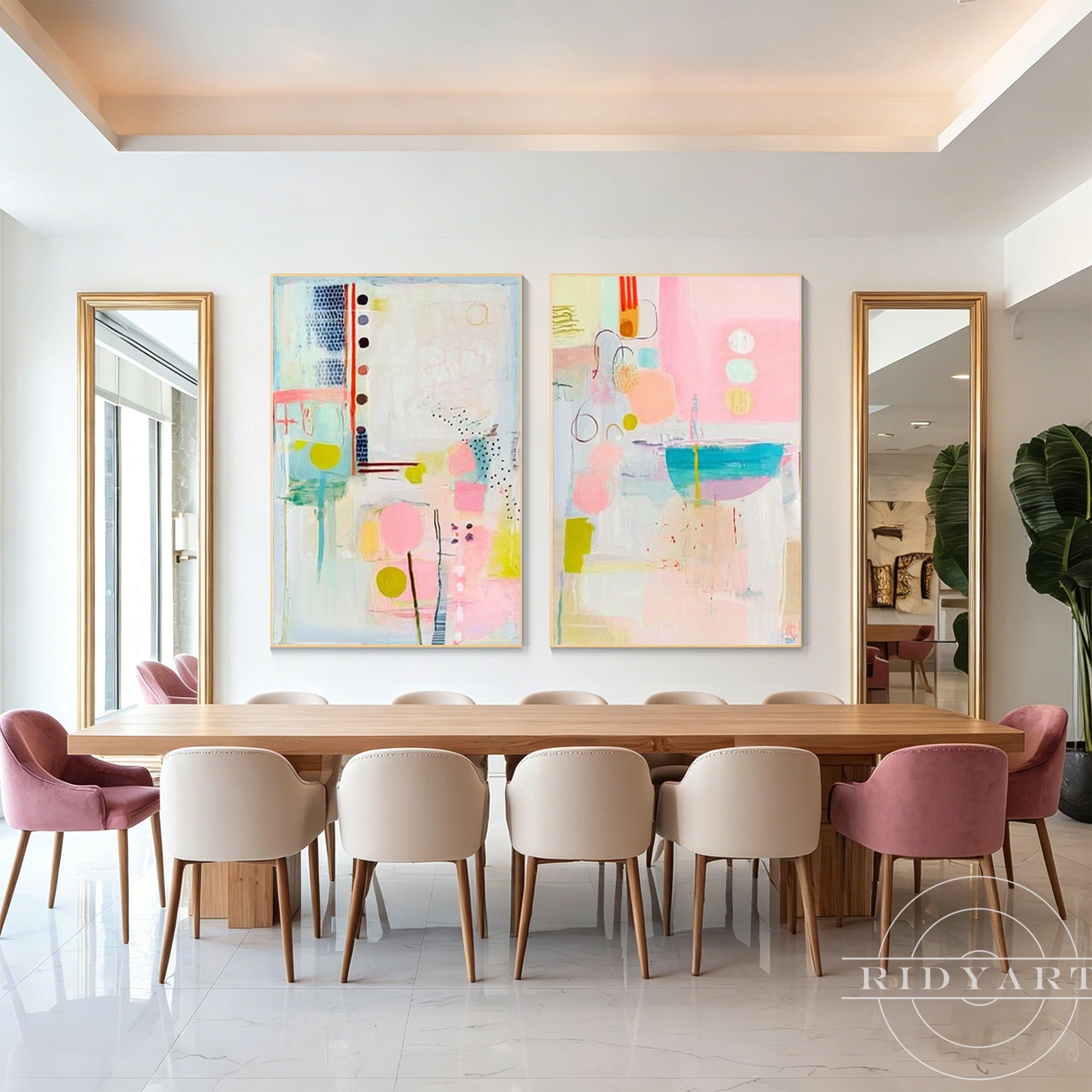 Coordinated pastel paintings featuring soft colors and playful abstract compositions.
