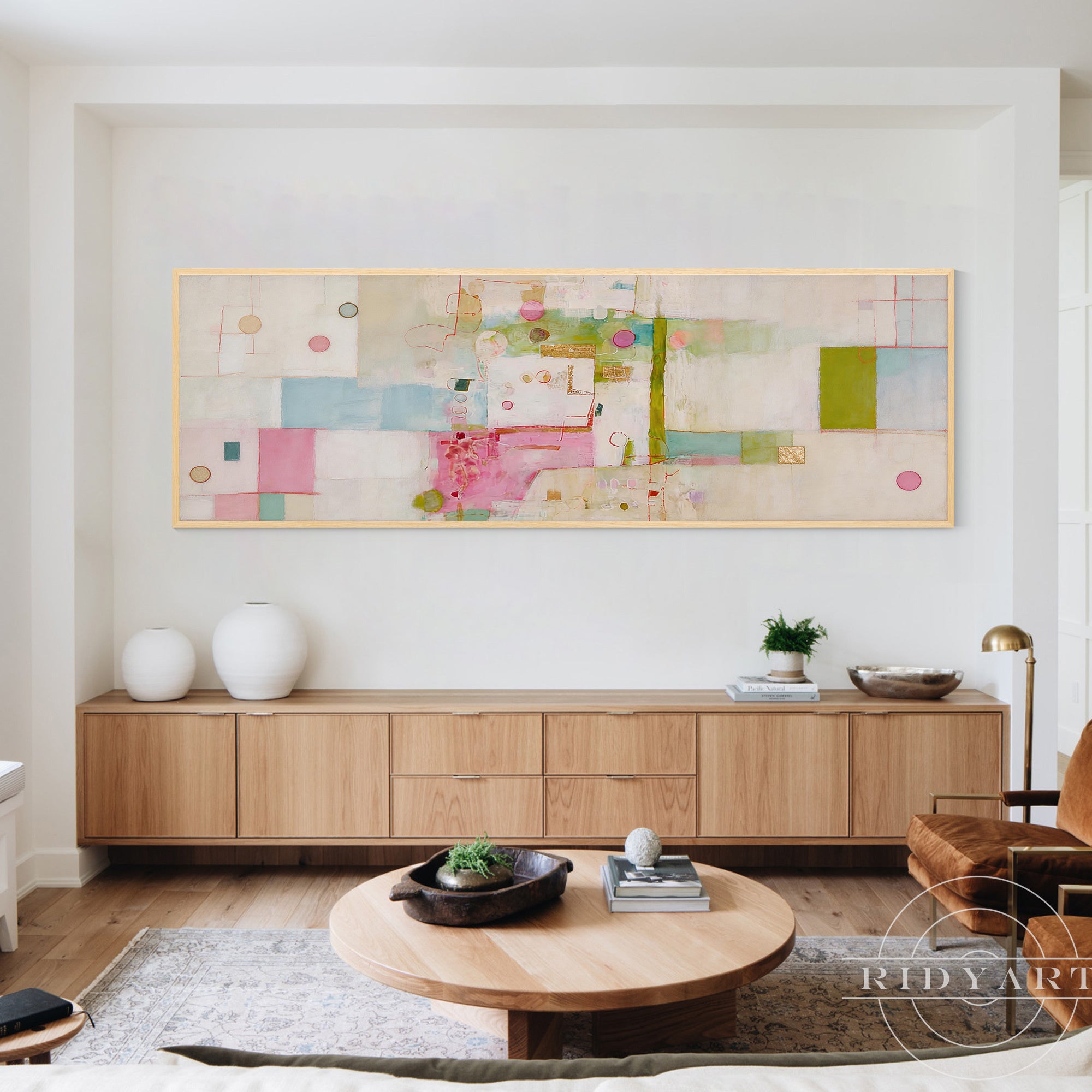 Large panoramic canvas artwork with geometric forms and subtle textured layers.