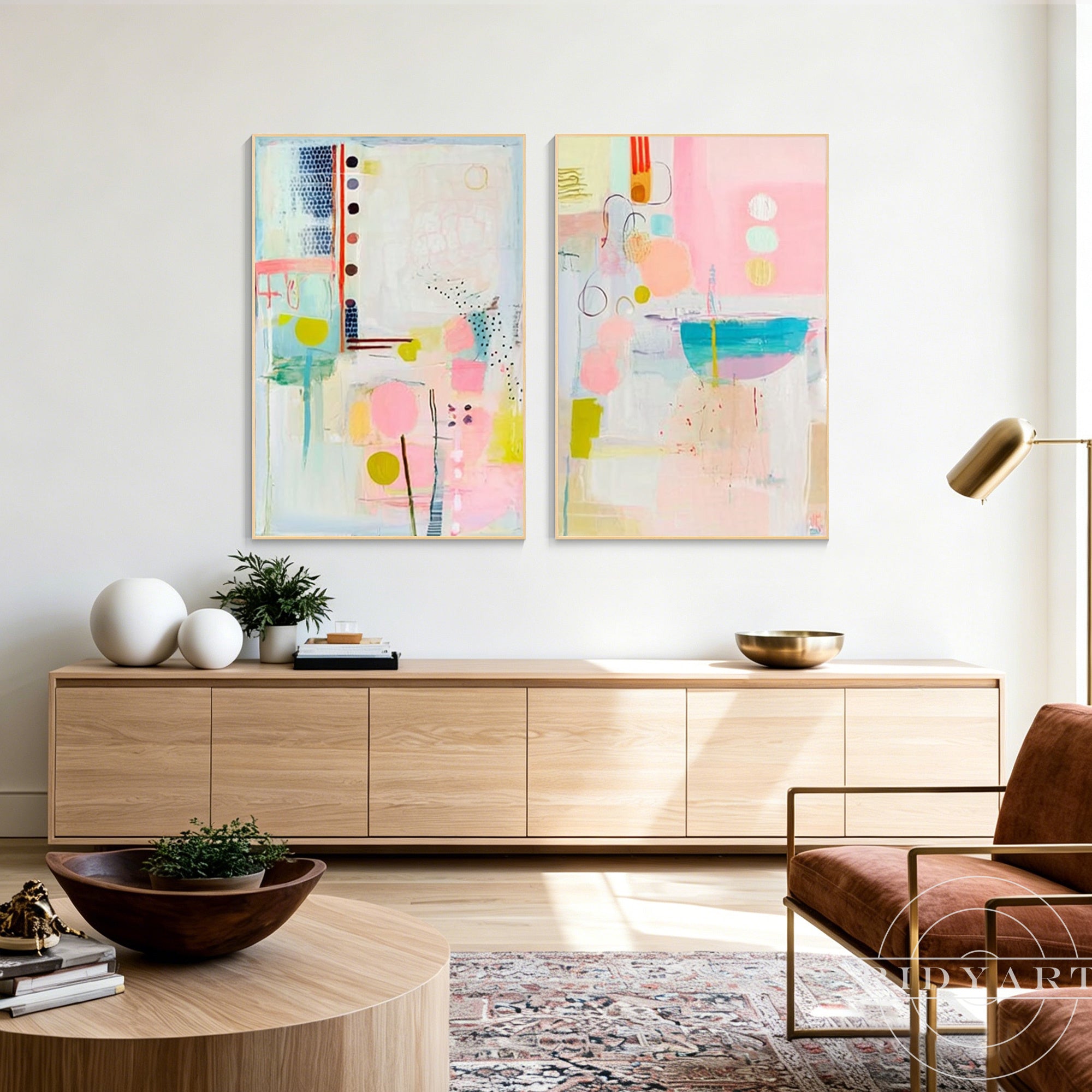 Modern gallery wall artwork pair with circles, lines, and geometric patterns.