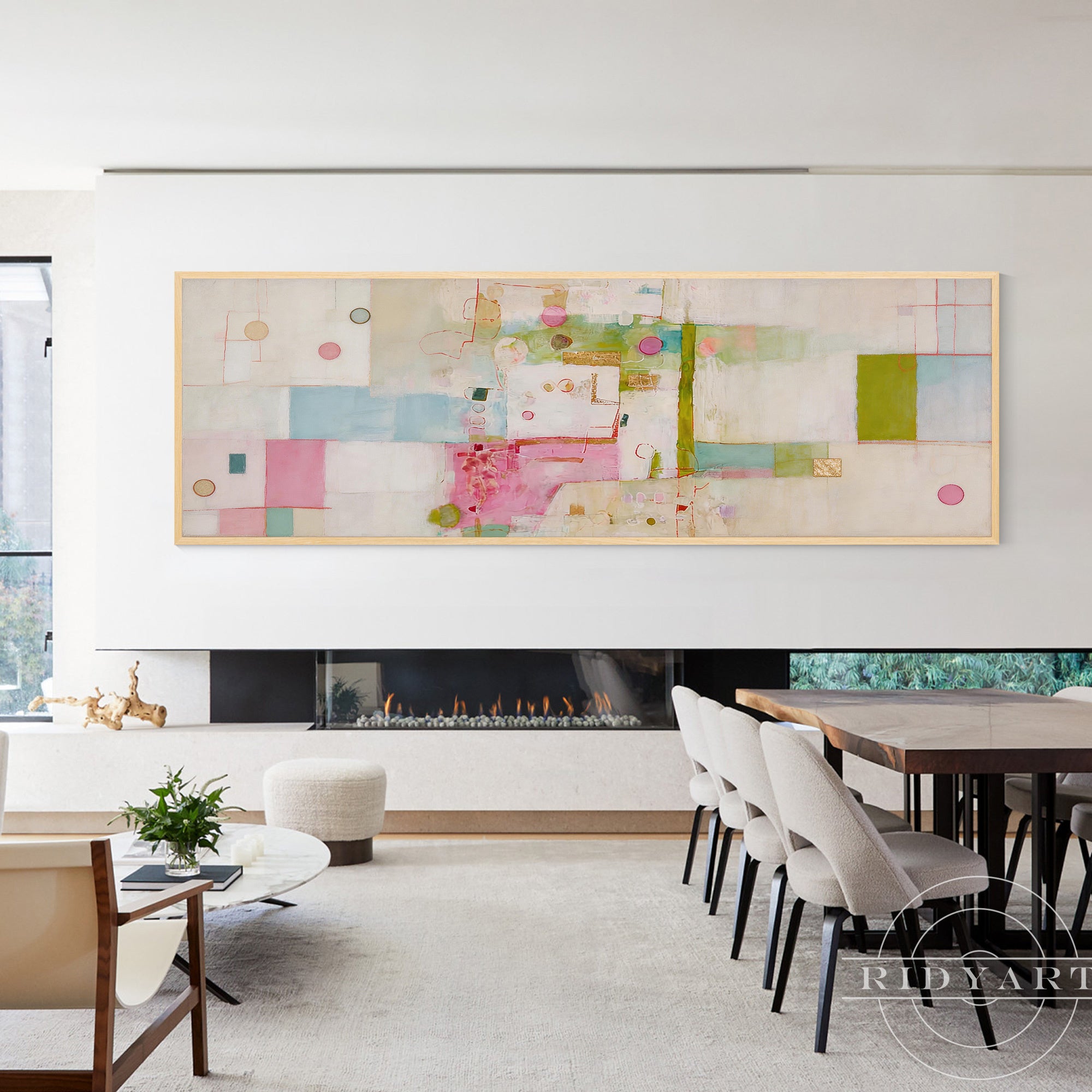 Oversized abstract painting with blush pink accents and geometric composition.