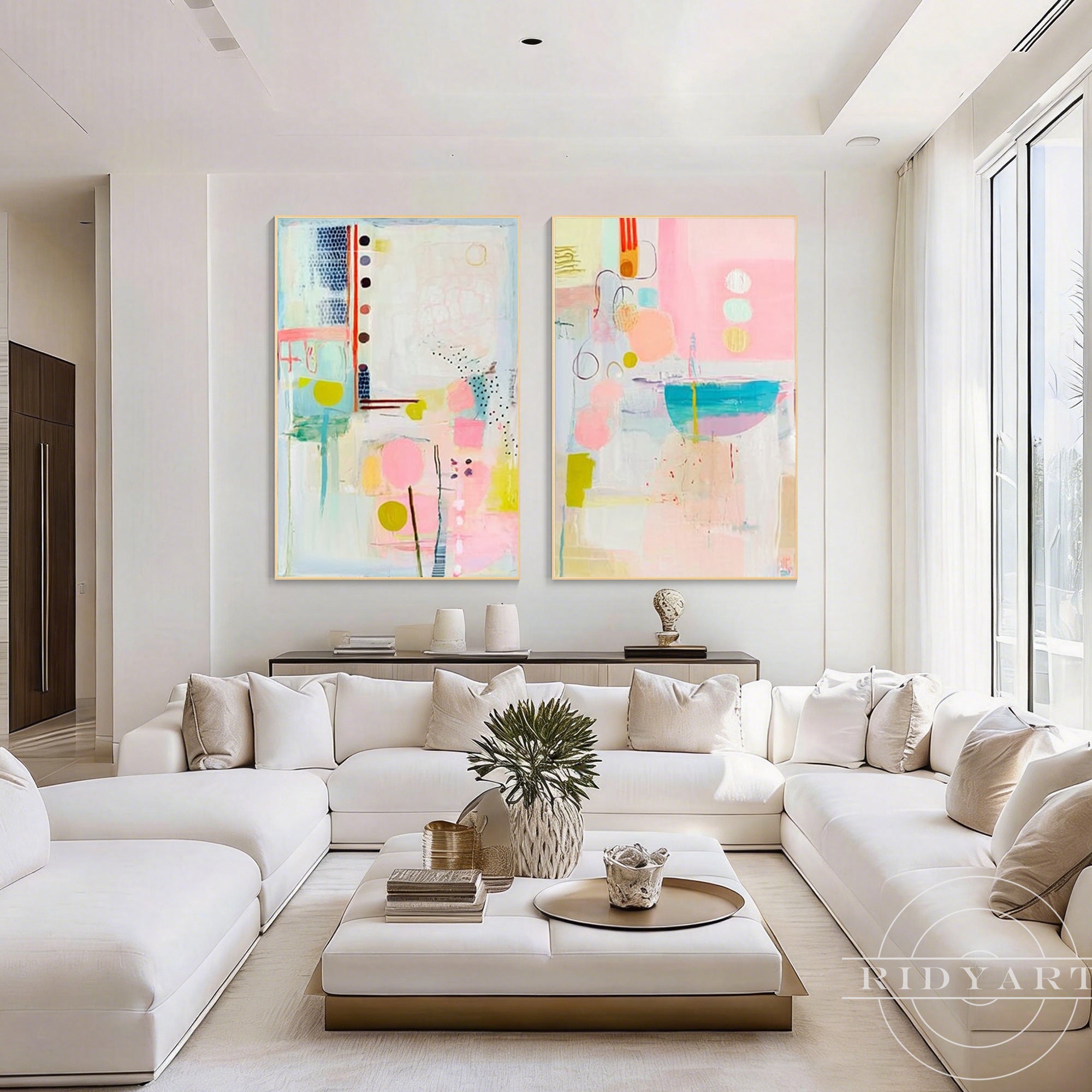 Abstract geometric paintings designed for modern home and apartment decor.