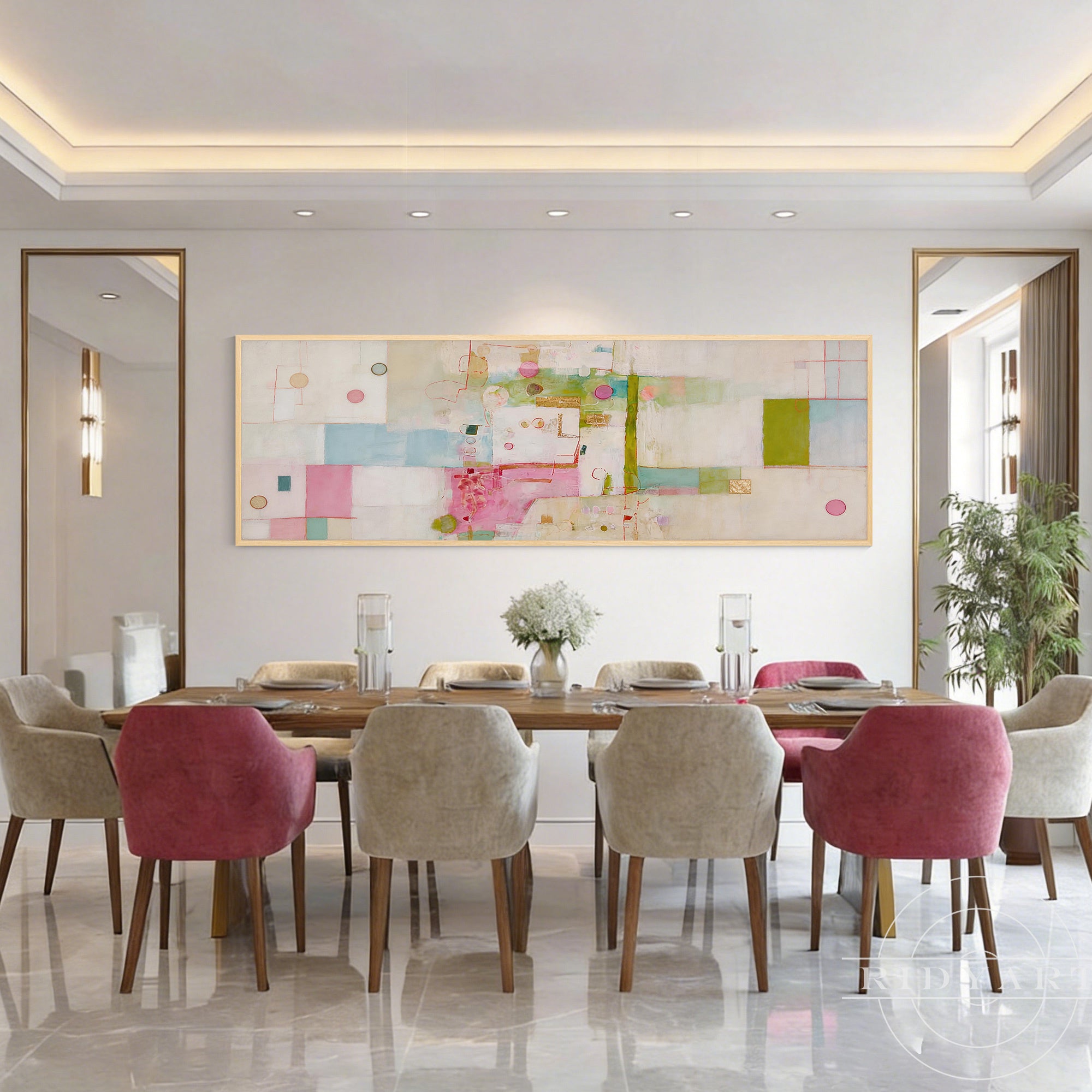 Large horizontal abstract canvas with pink, sage green, and sky blue highlights.