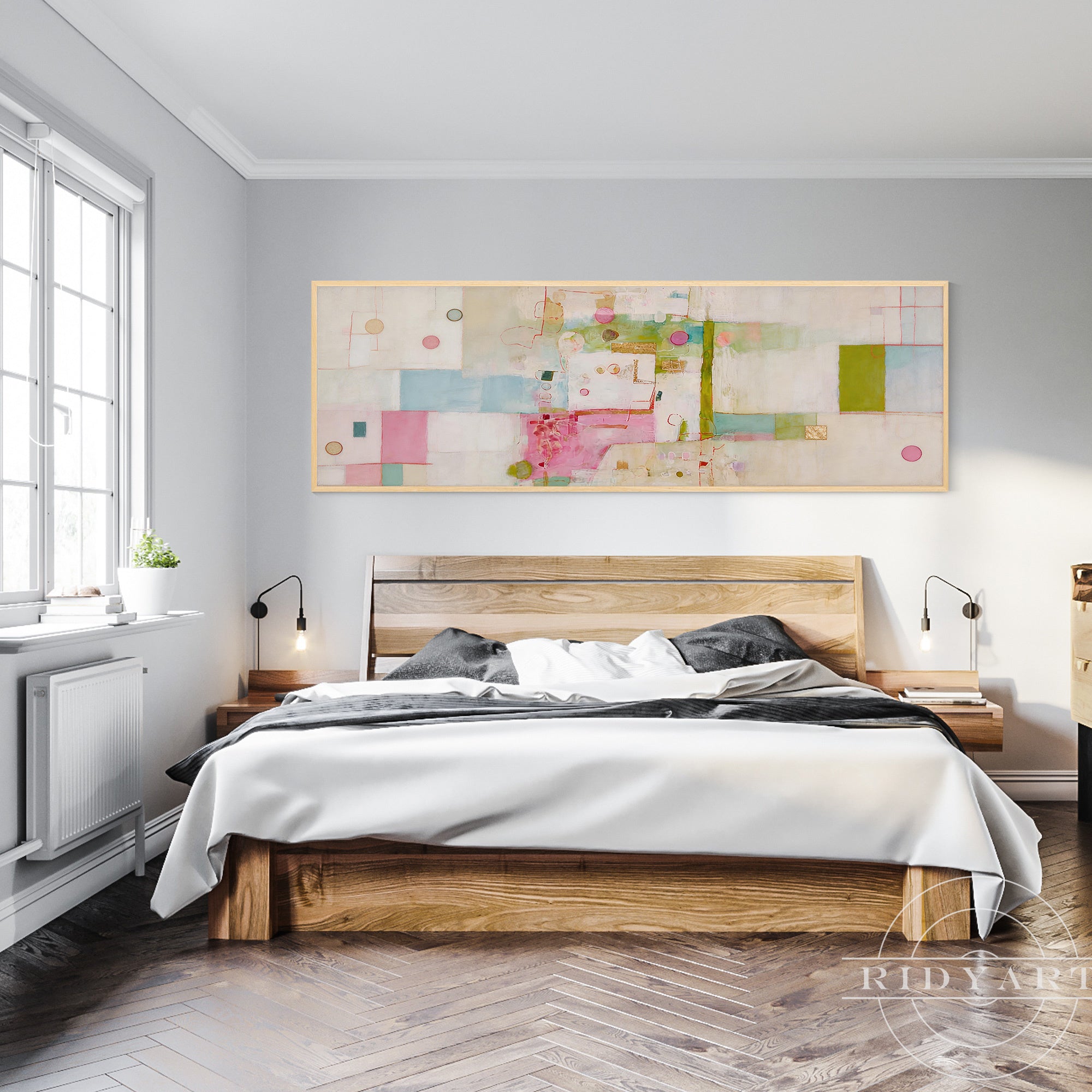 Modern panoramic wall art with balanced pastel colors and artistic detailing.