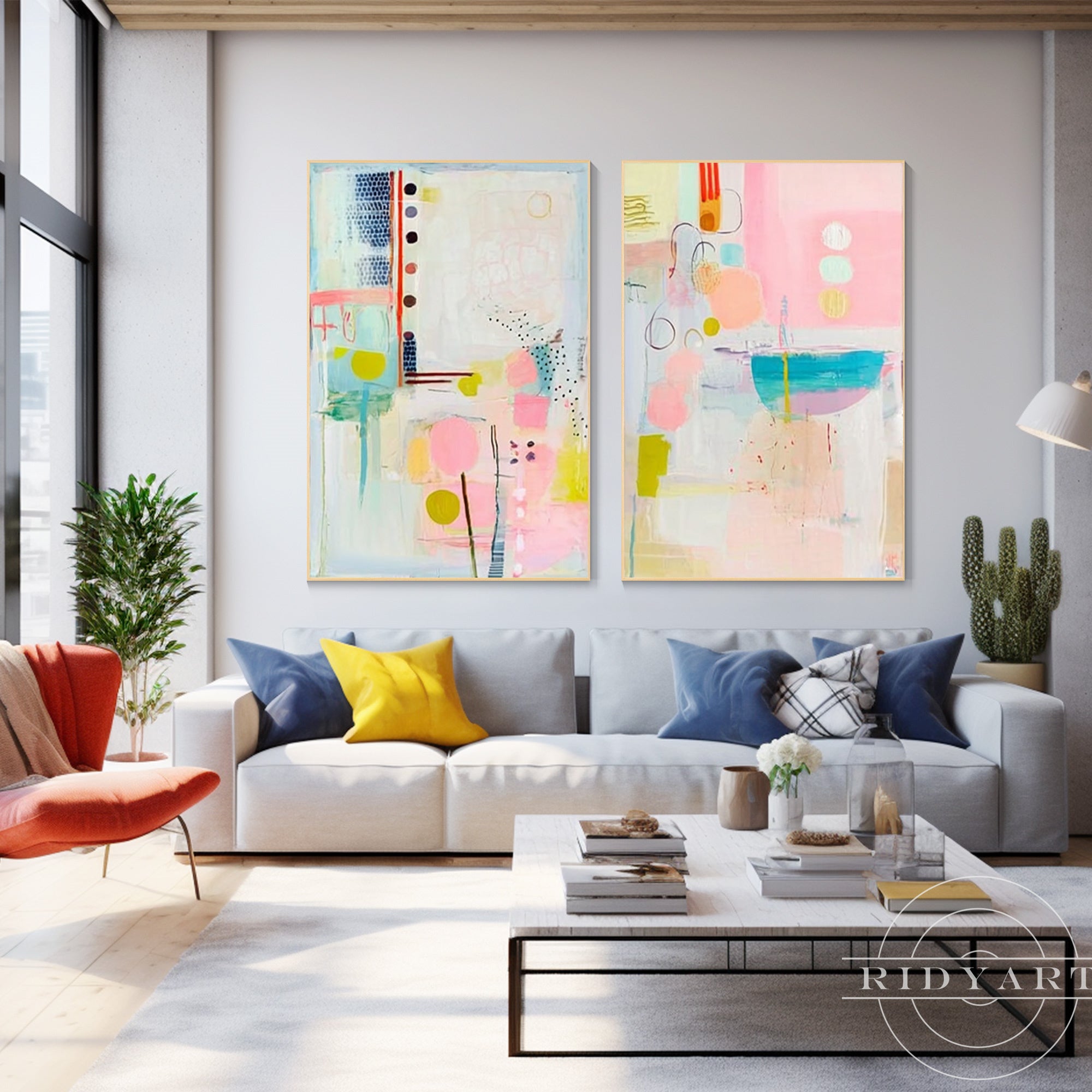 Large vertical abstract canvas art set with contemporary color palette and textures.