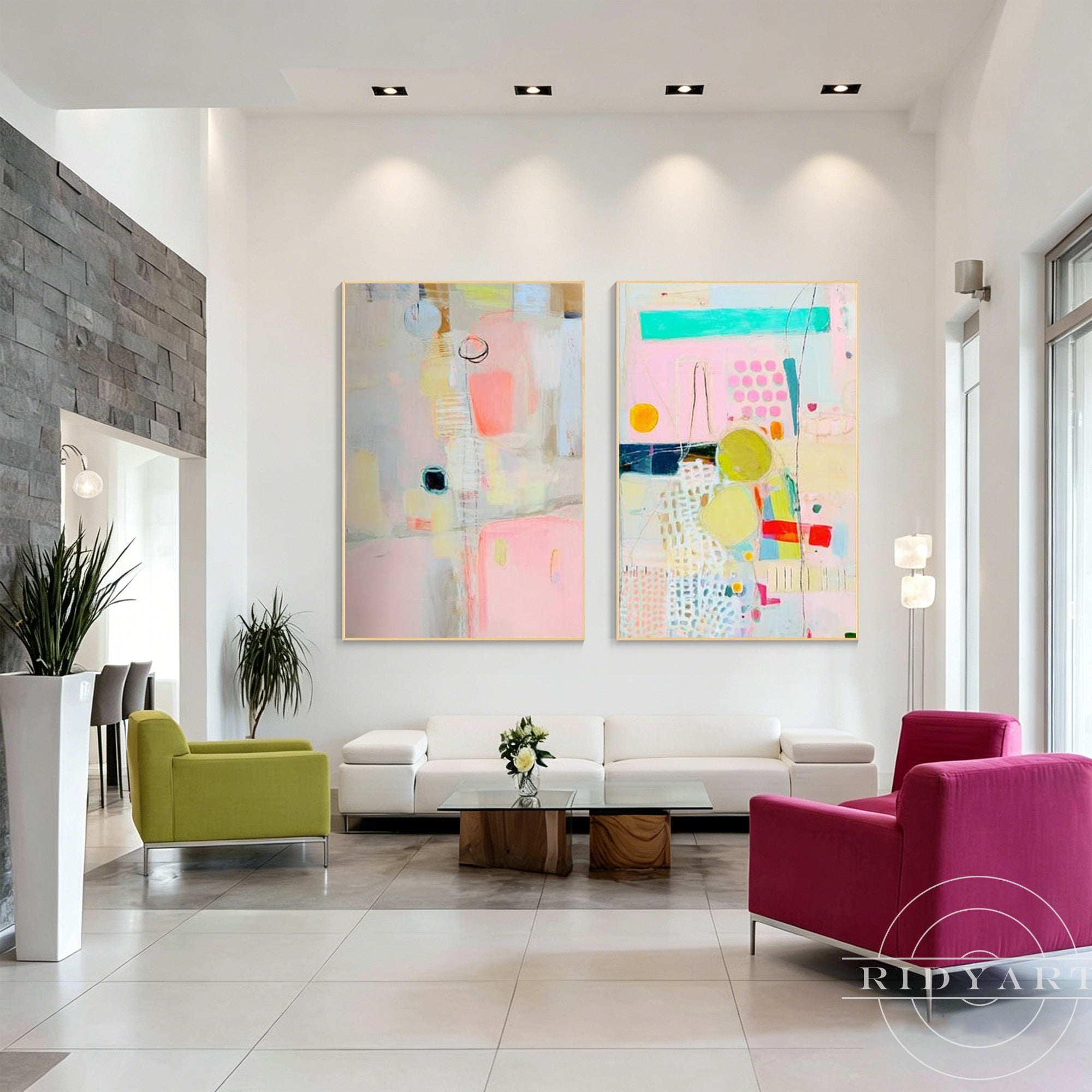 Modern abstract wall art diptych with blush pink, aqua blue, yellow, and ivory tones.