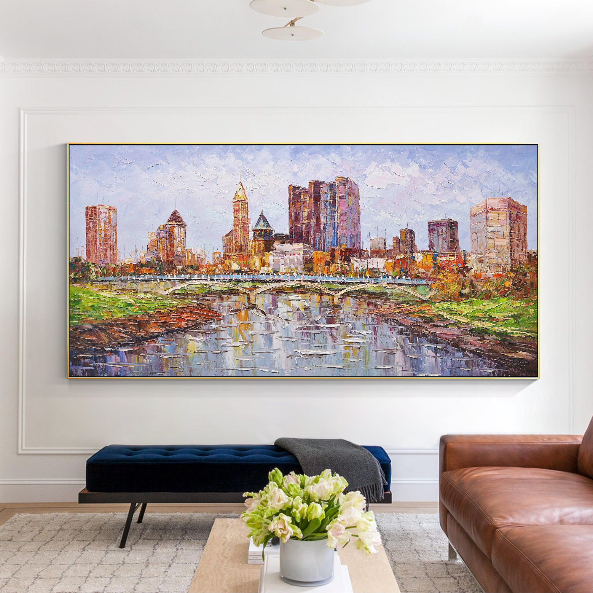 Columbus skyline oil painting with textured details