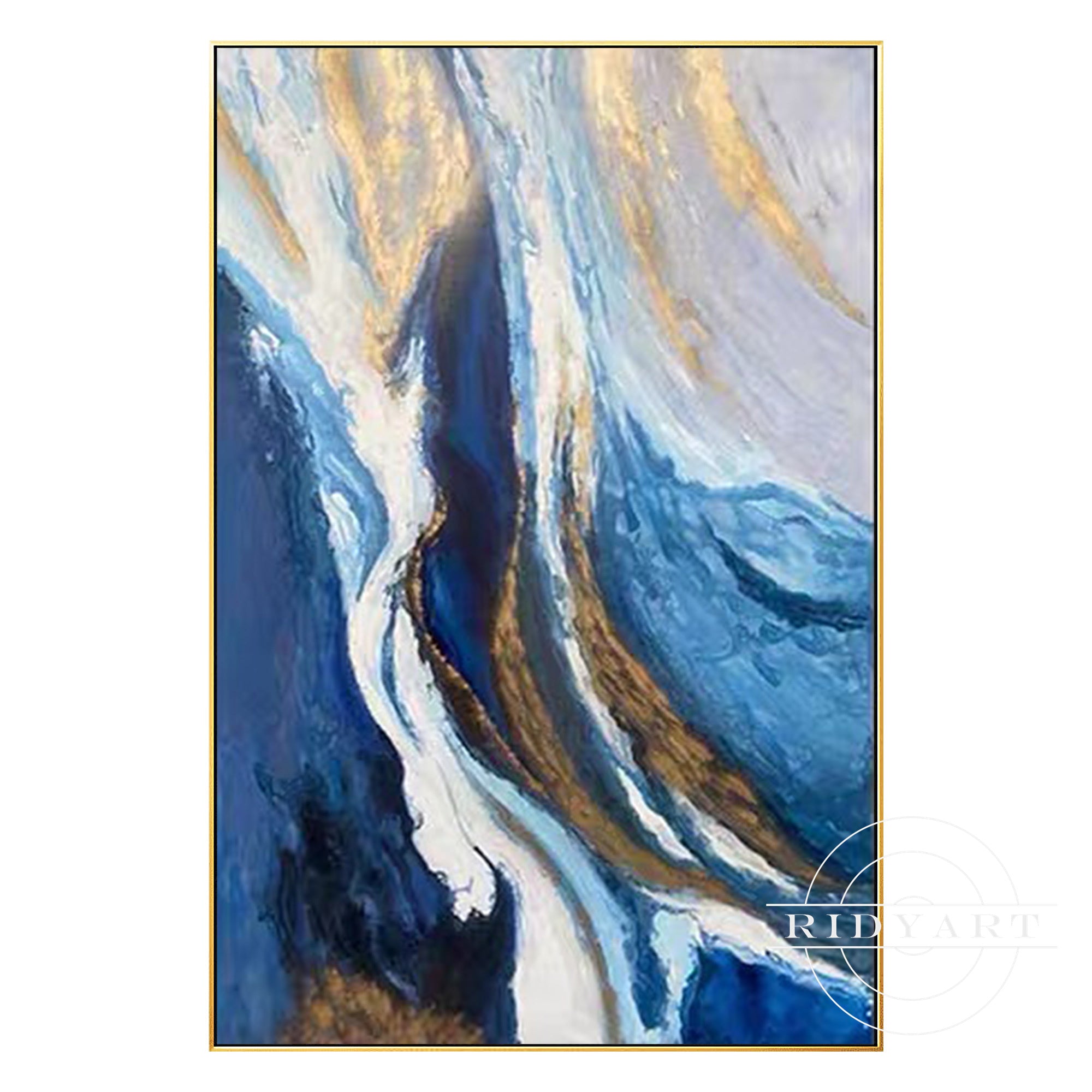 Large abstract artwork in blue and gold with organic textures.