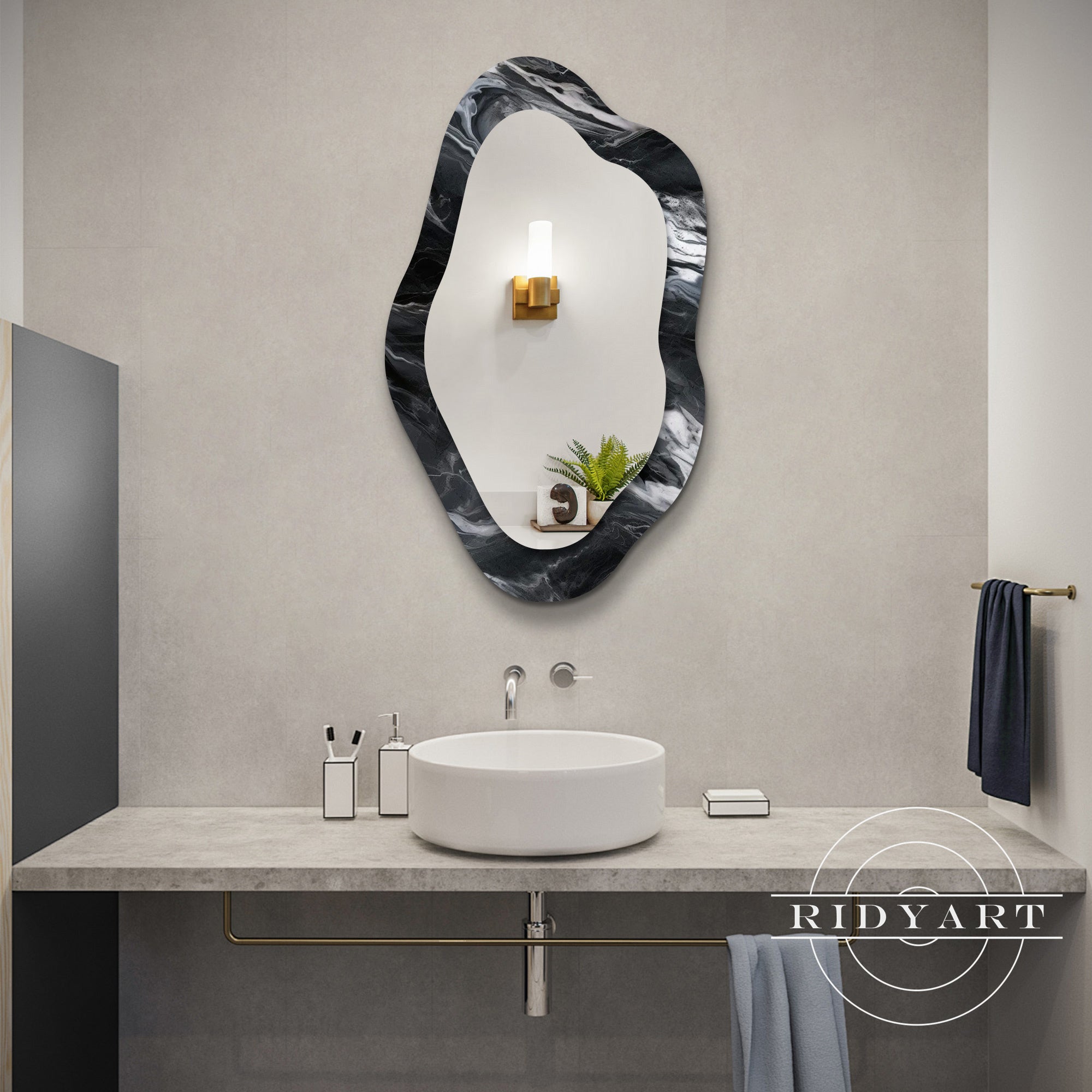 Unique irregular shaped mirror with marbled design