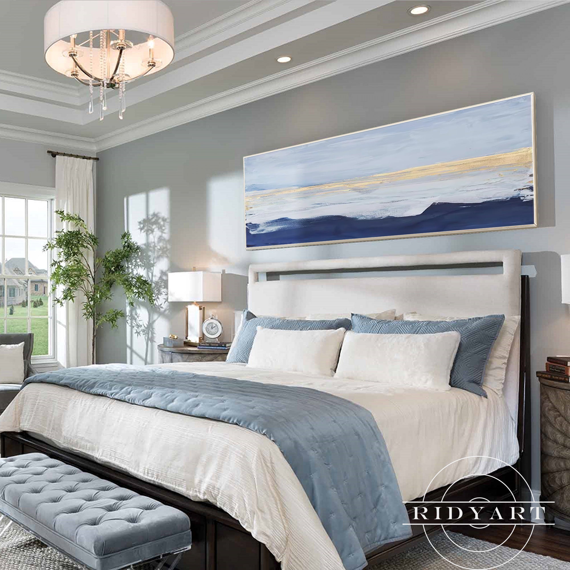 Hand-painted blue and gold abstract artwork for home interior design