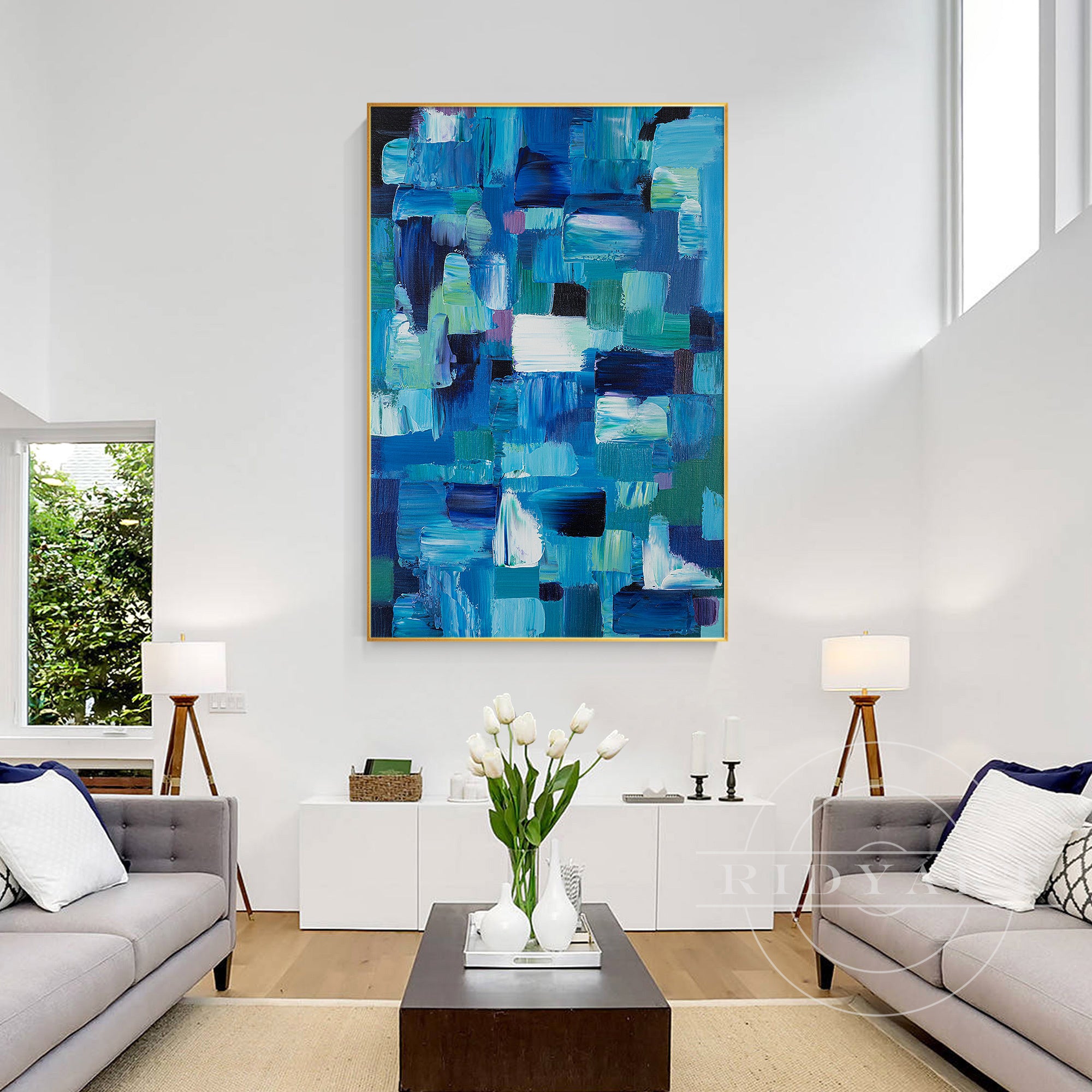 Contemporary abstract art with blue blocks and rich texture details