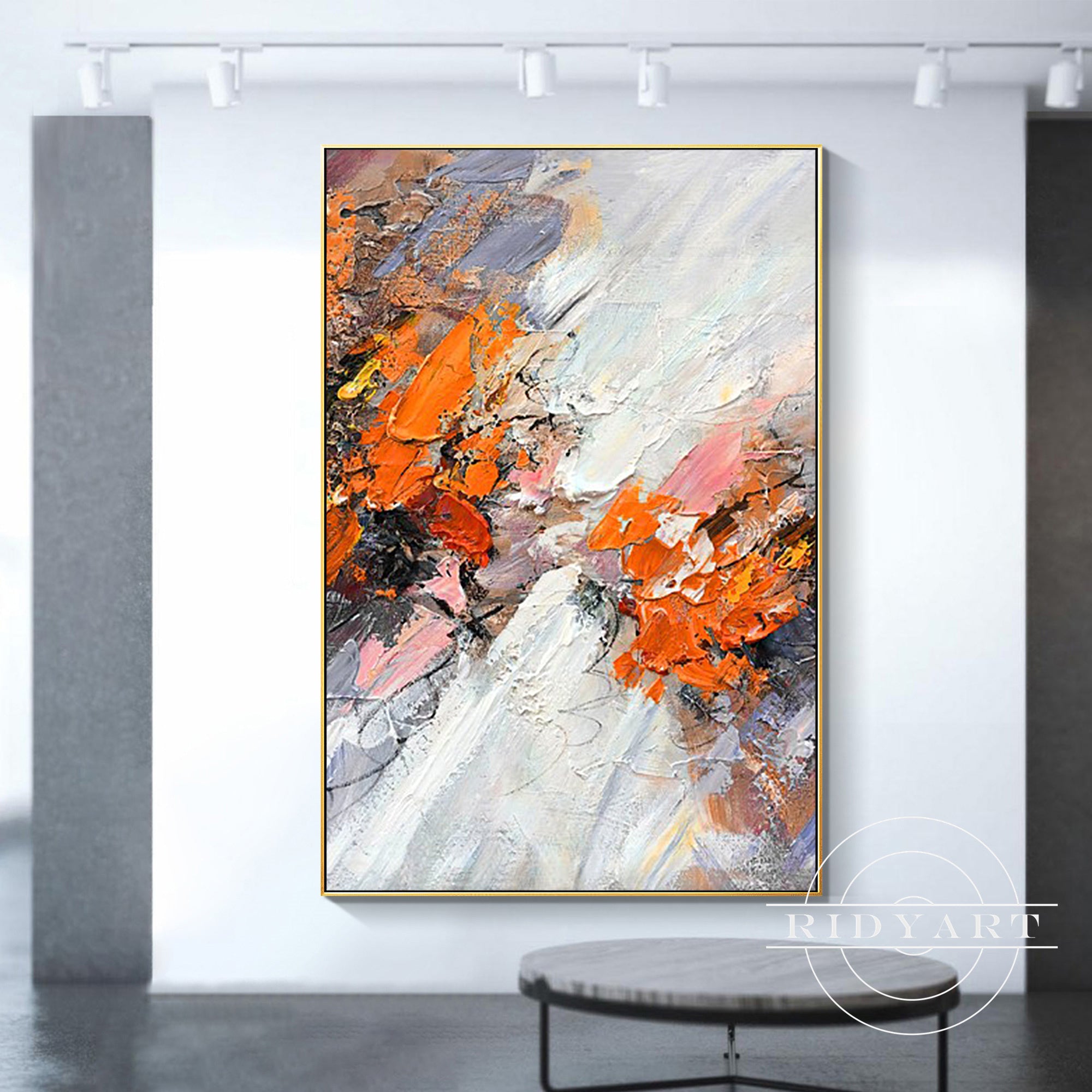 Large contemporary abstract artwork in warm, fiery hues.