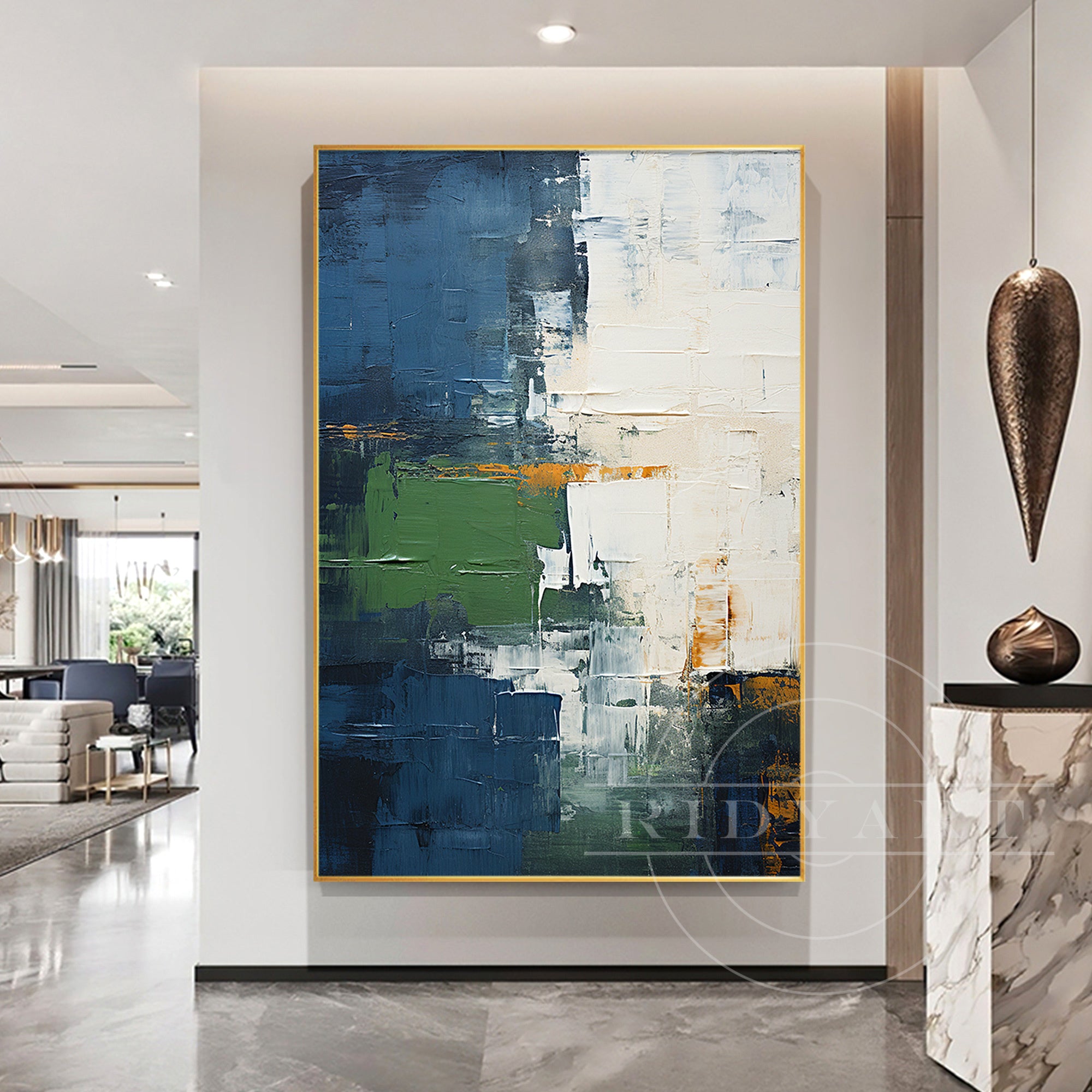 Contemporary sage and emerald abstract wall decor with heavy textures.