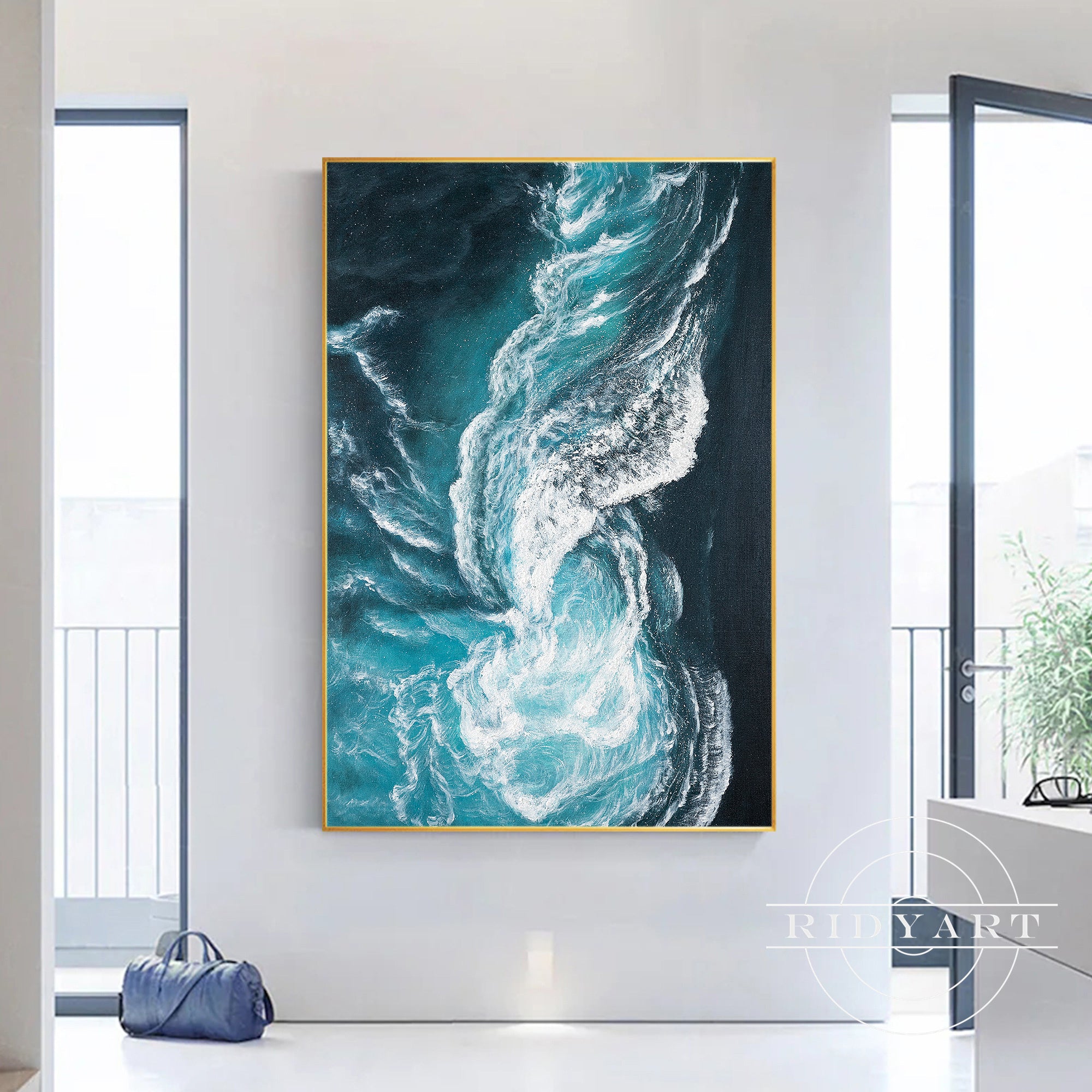 Contemporary ocean-themed canvas print with fluid wave motion.