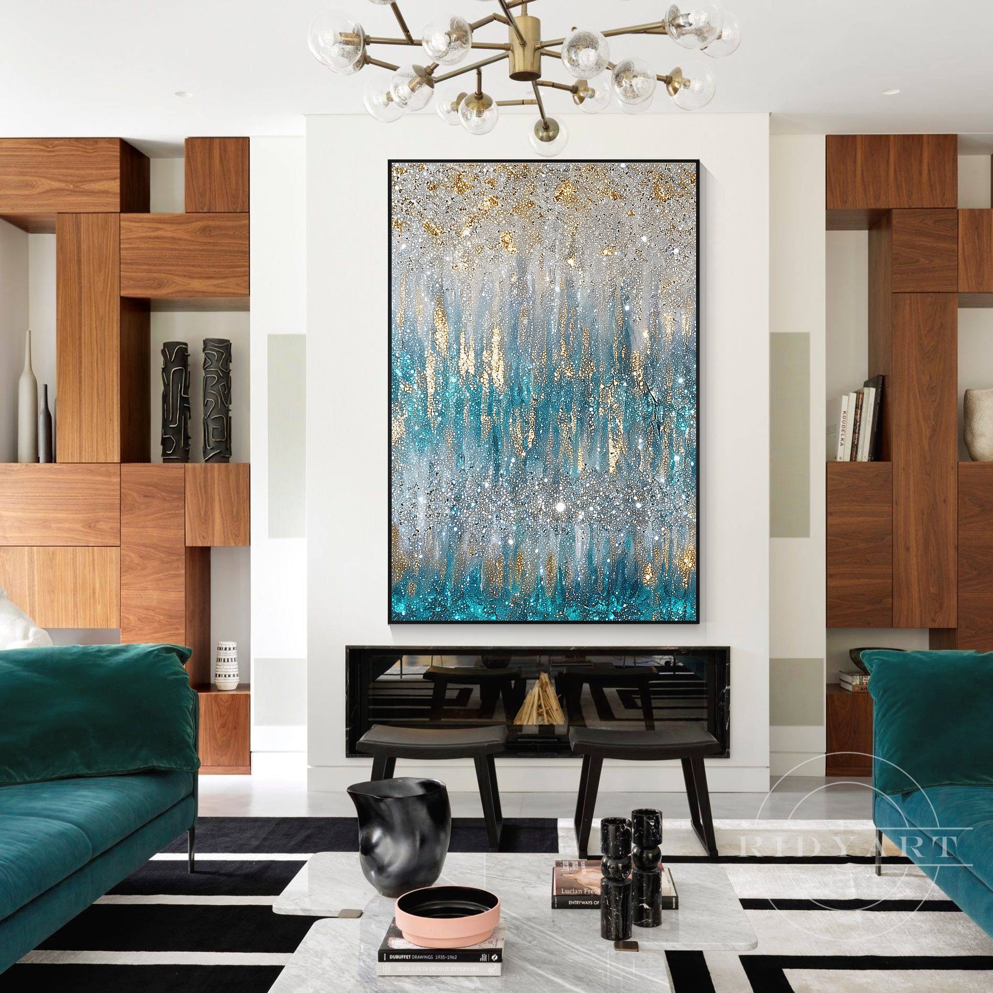 Contemporary teal blue wall art with metallic shine