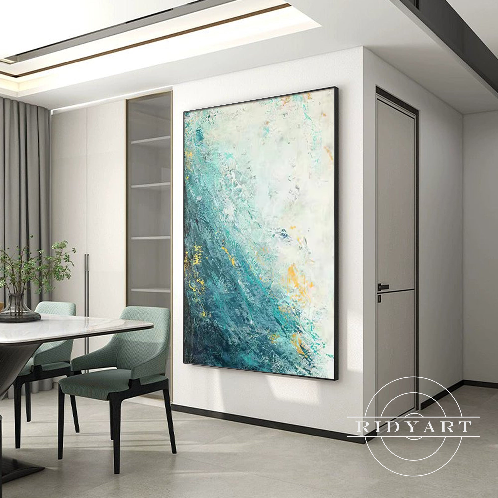 
Contemporary teal and gold textured wall art for home decor