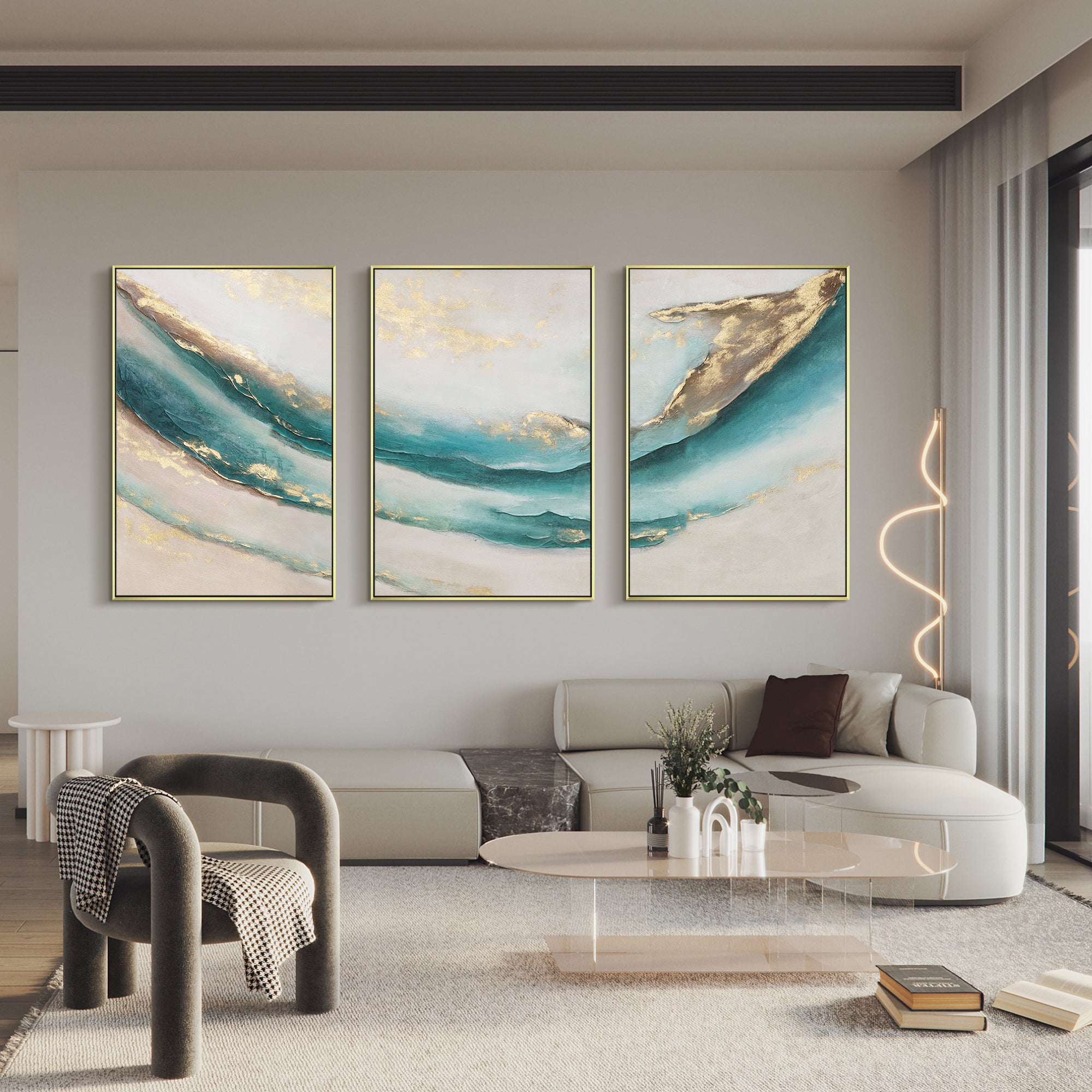 Set of 3 teal Gold abstract oil painting Home Decor