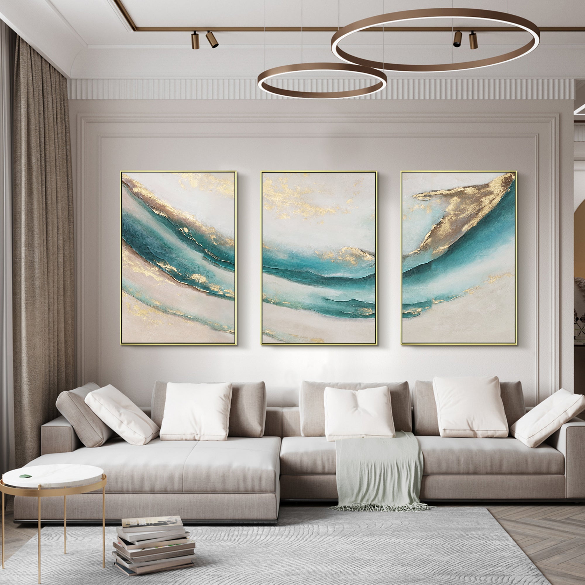 Set of 3 teal Gold abstract oil painting Home Decor