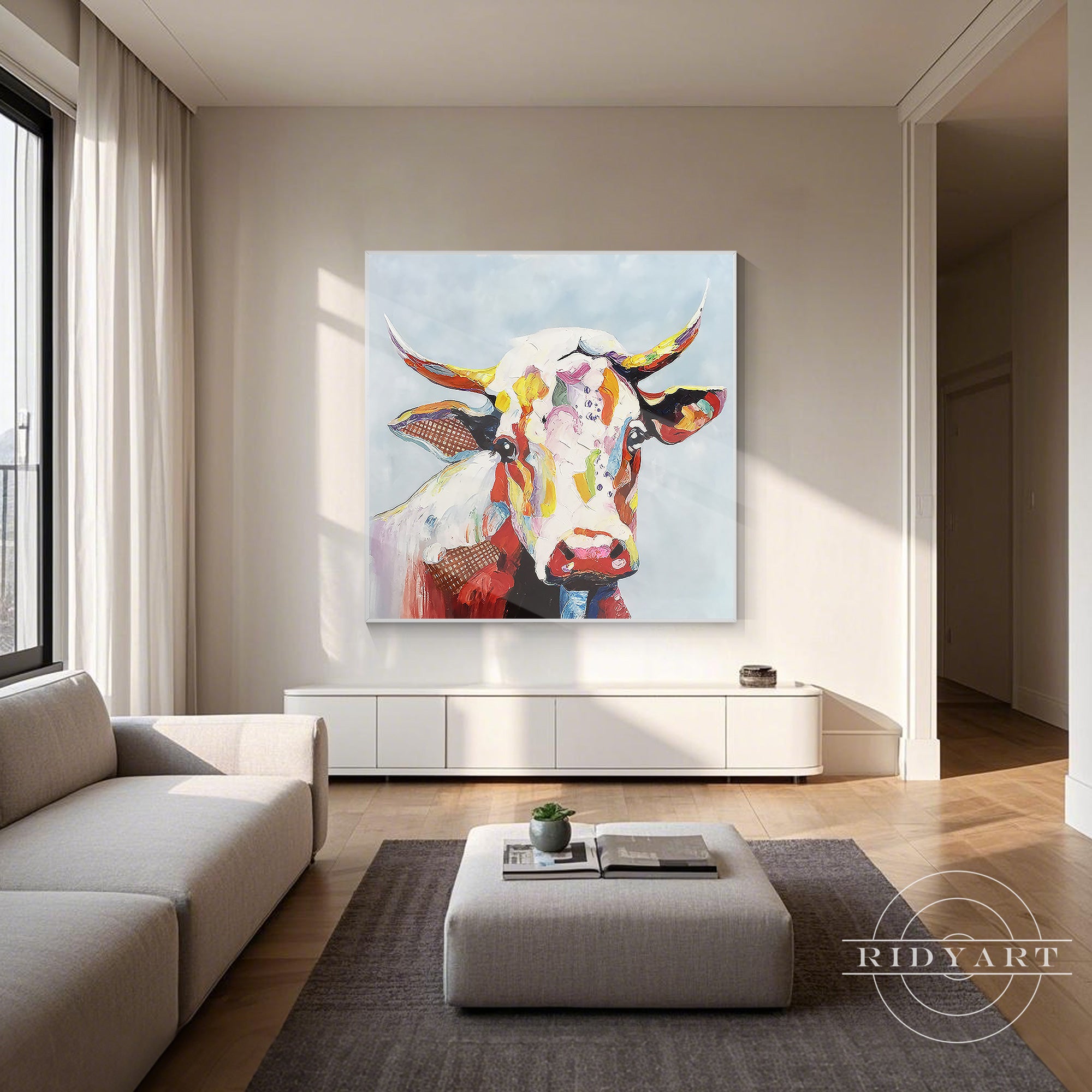 Contemporary colorful cow canvas painting blending rustic farmhouse charm with modern artistic expression.