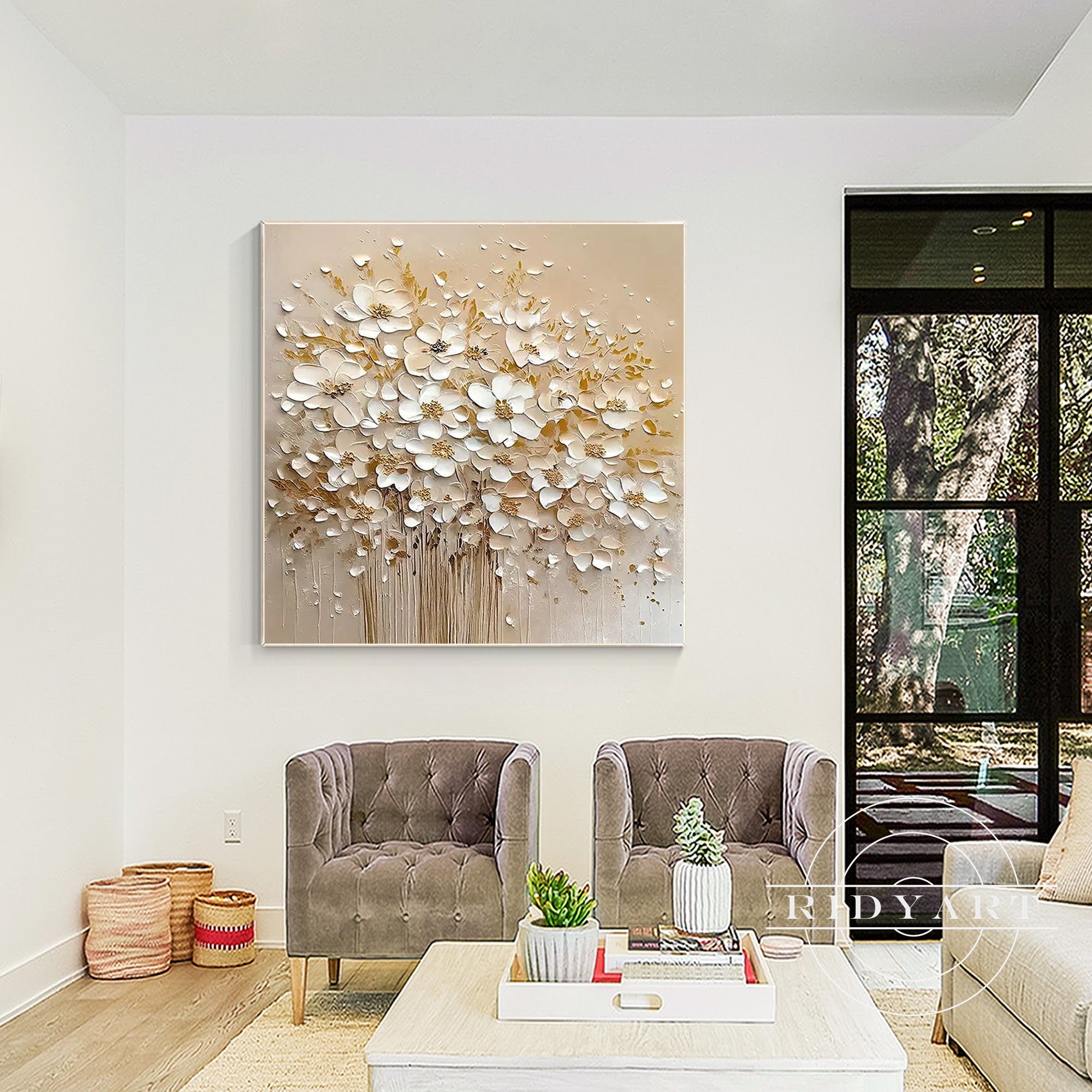 Cream beige and gold flower textured square painting