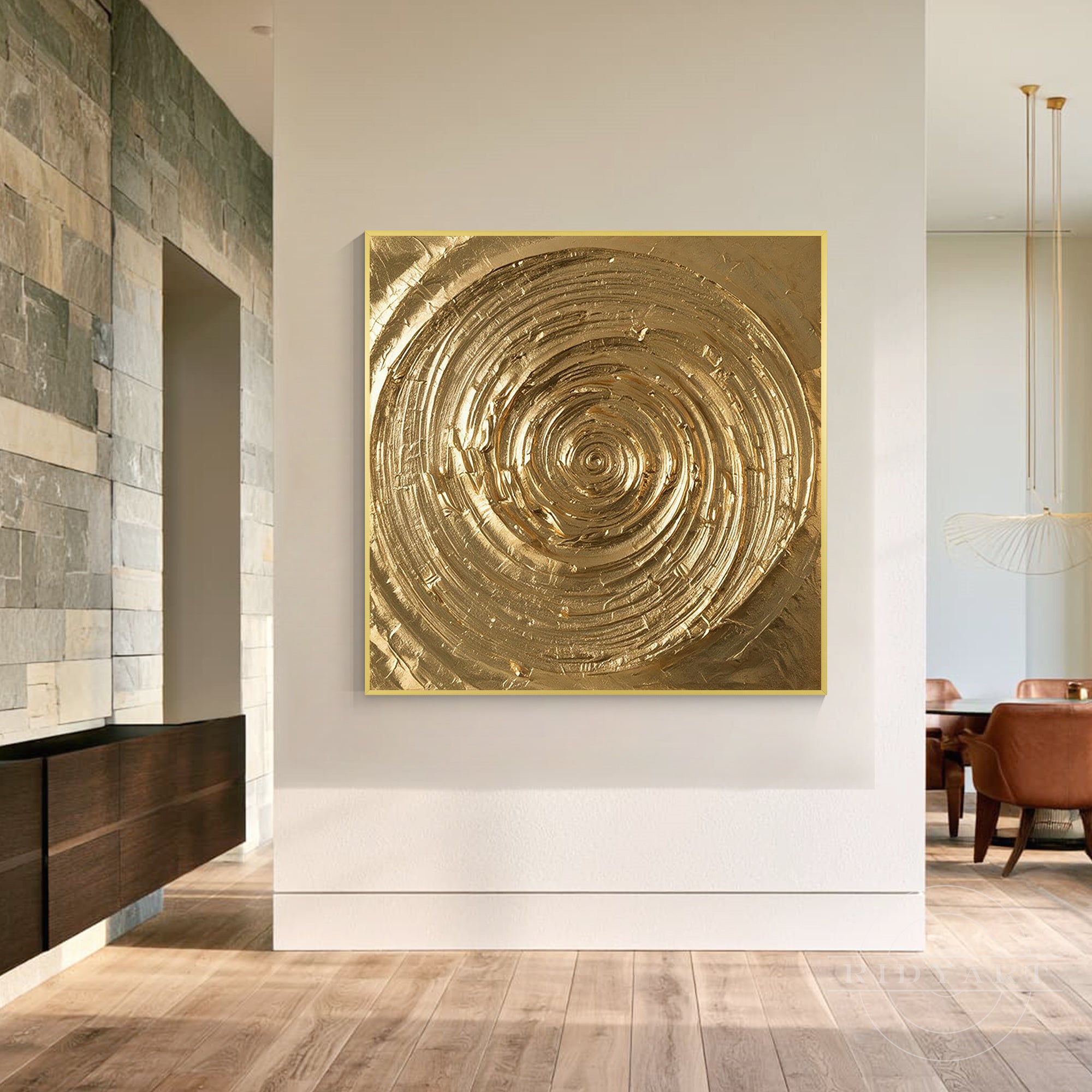 Size comparison guide showing custom dimensions for gold textured abstract spiral canvas wall art.