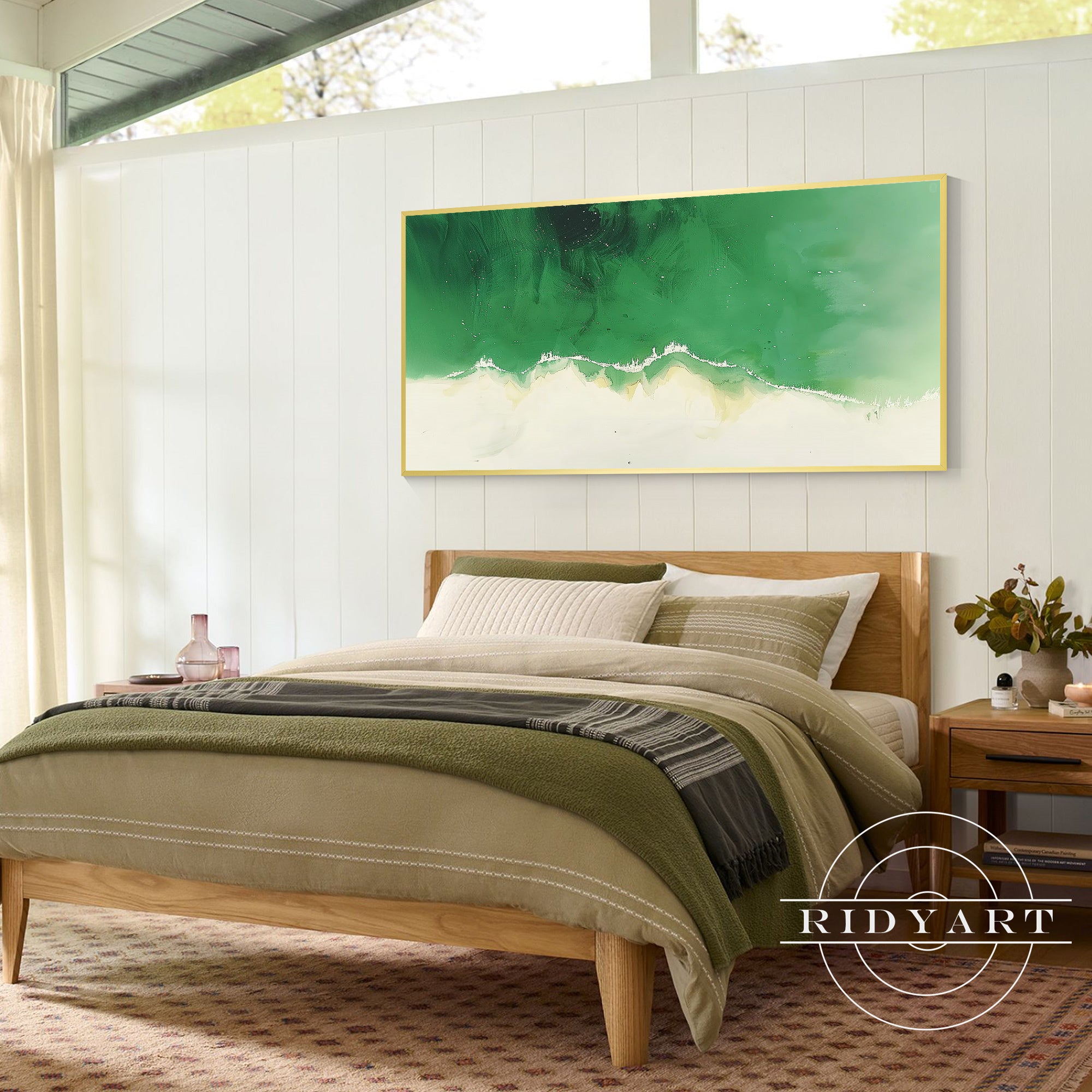 Contemporary minimalist acrylic painting with green accents