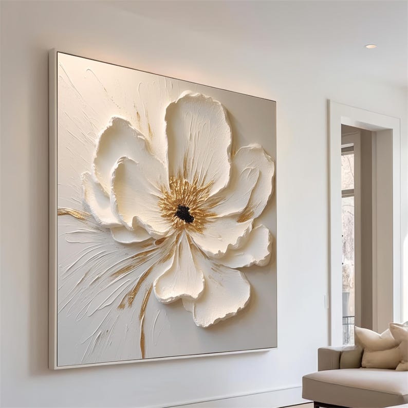 Abstract daisy painting in white and gold for living room decor