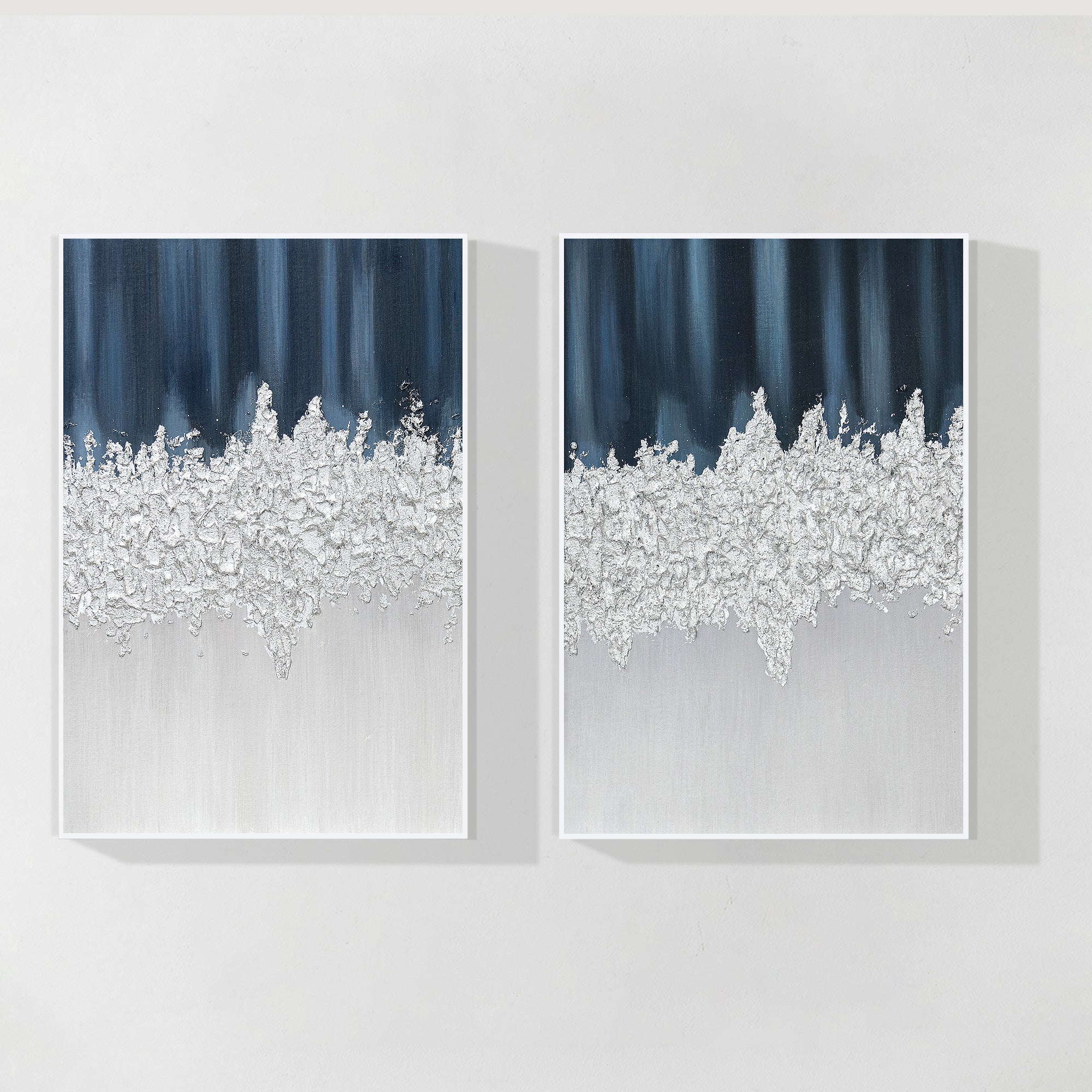 Dark blue abstract painting set with silver foil