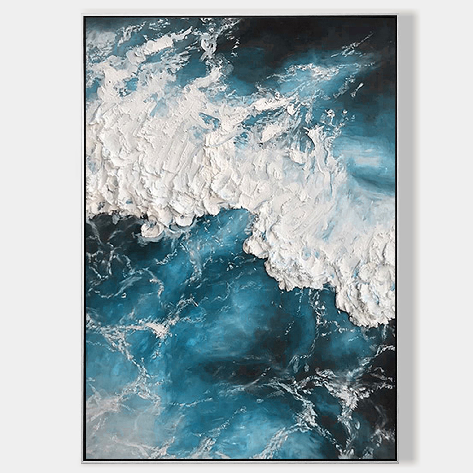 Deep blue ocean painting with heavy textured waves rolling across the surface