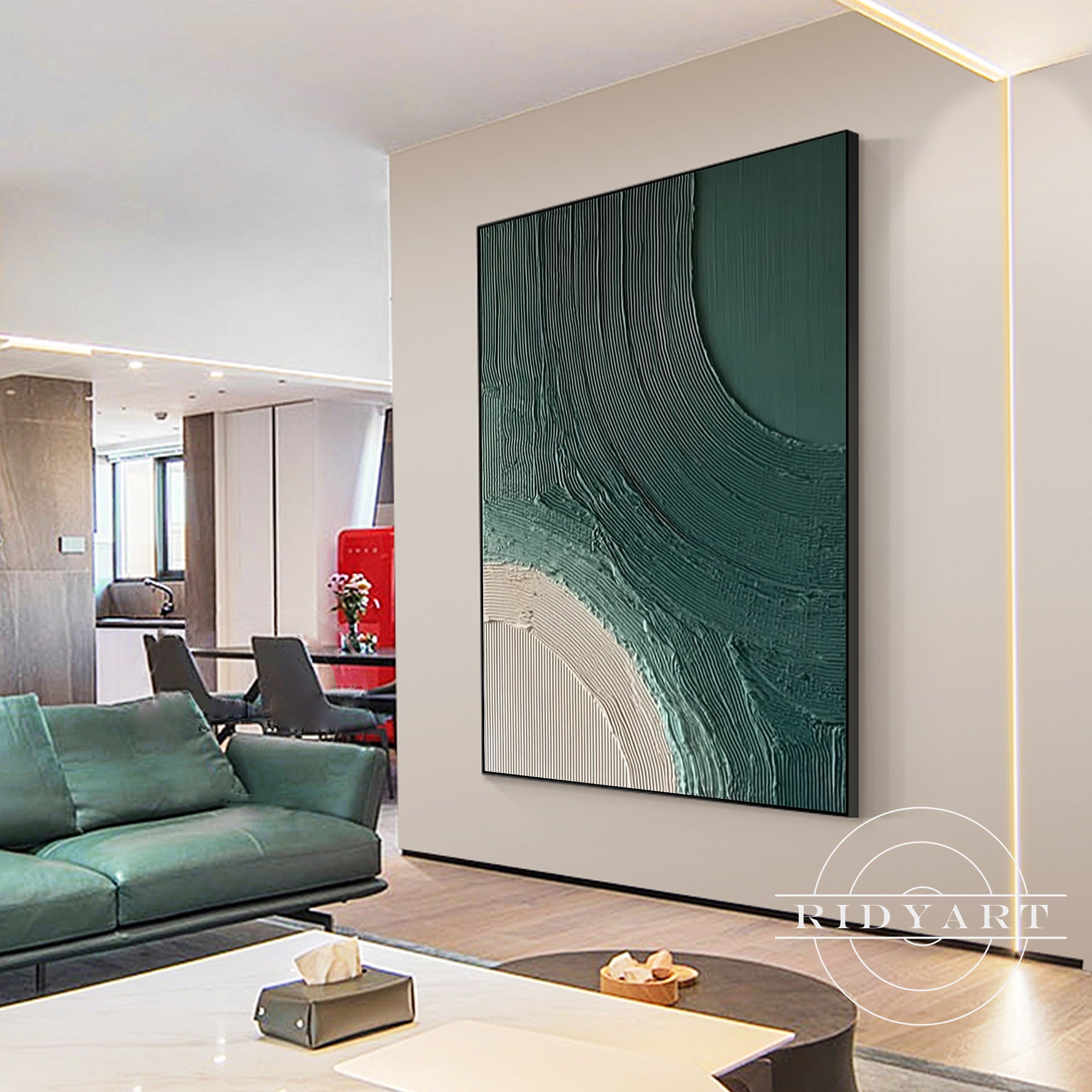 Minimalist Wabi Sabi green painting for modern living room decor