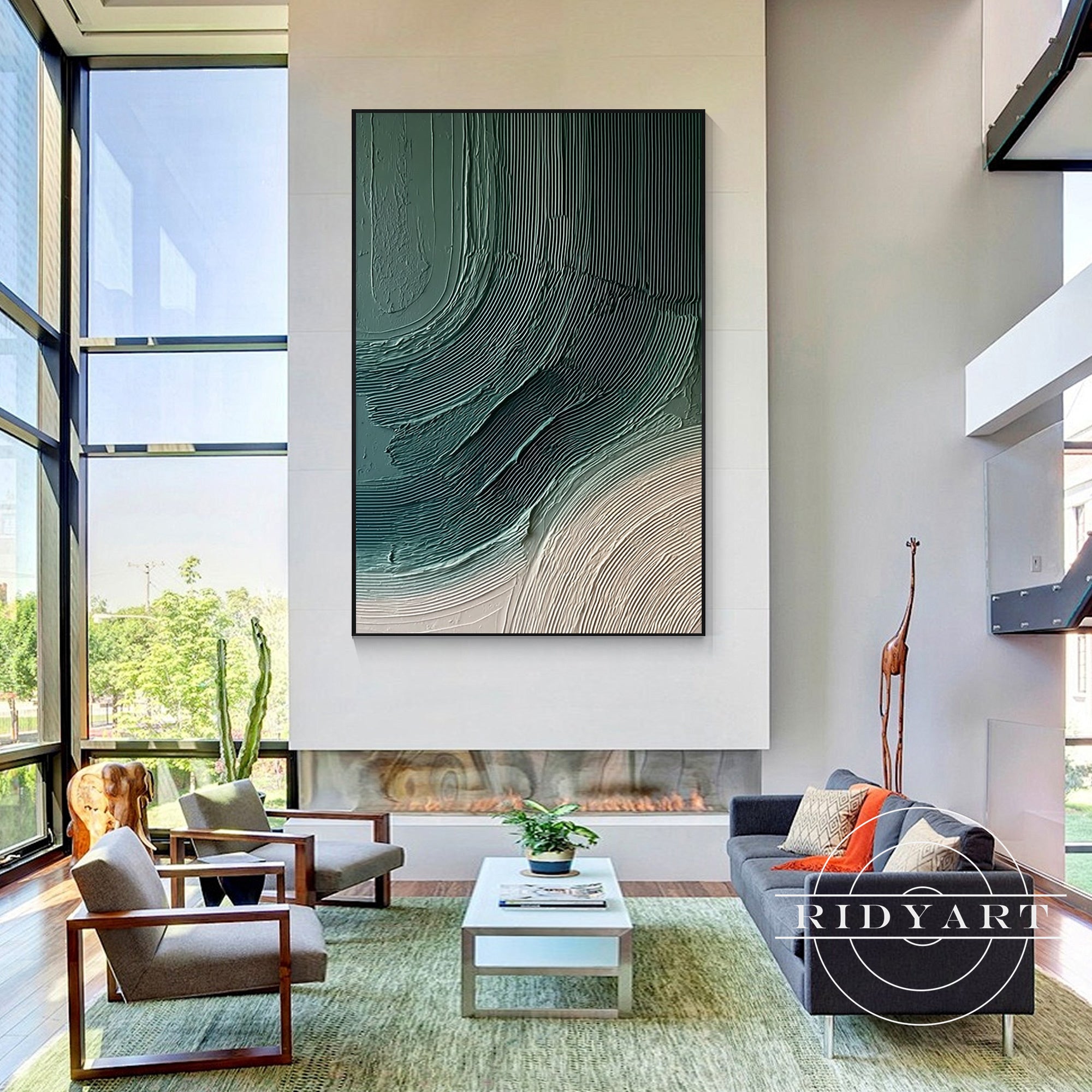 Minimalist deep green textured painting home decor