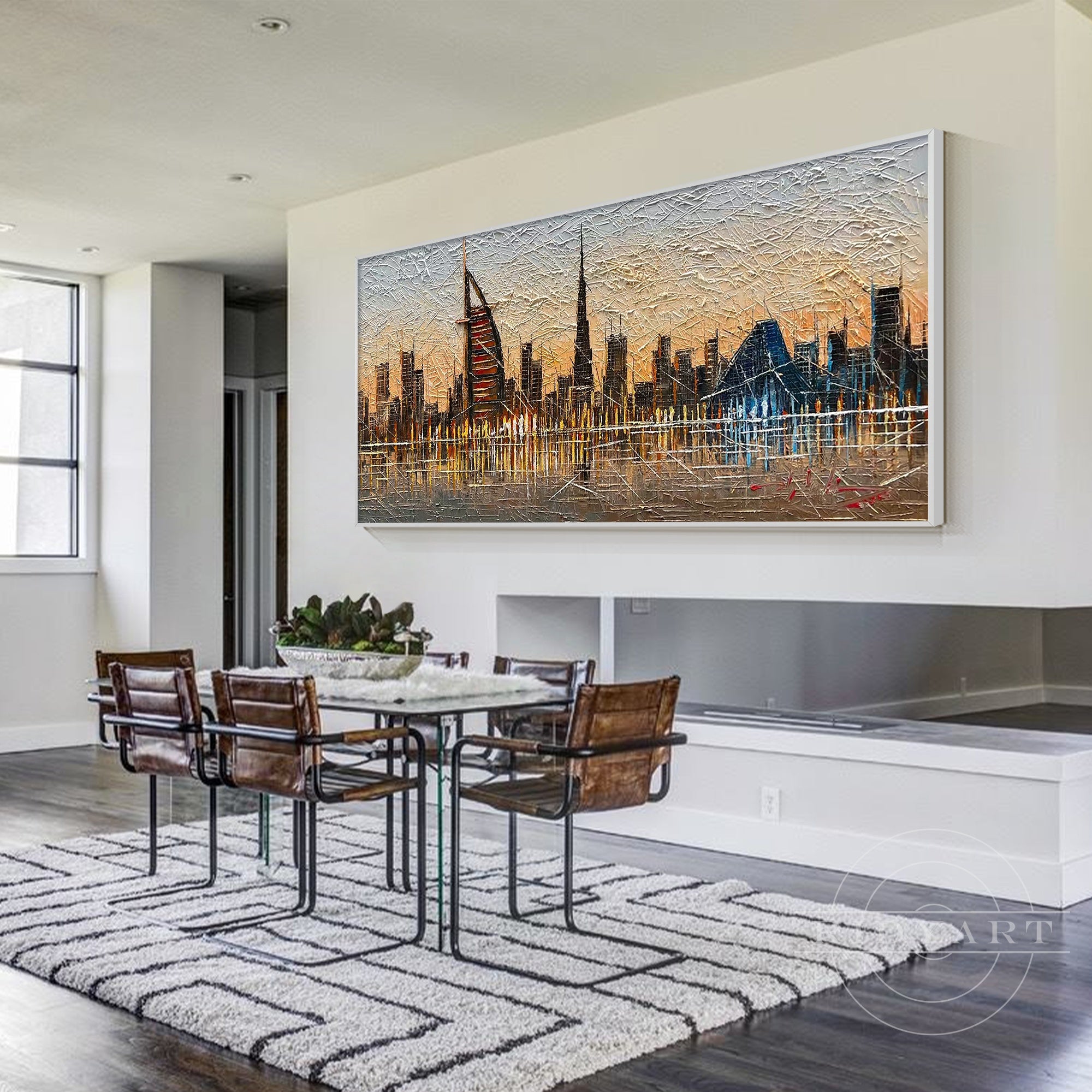 Abstract Dubai skyline painting with textured details.