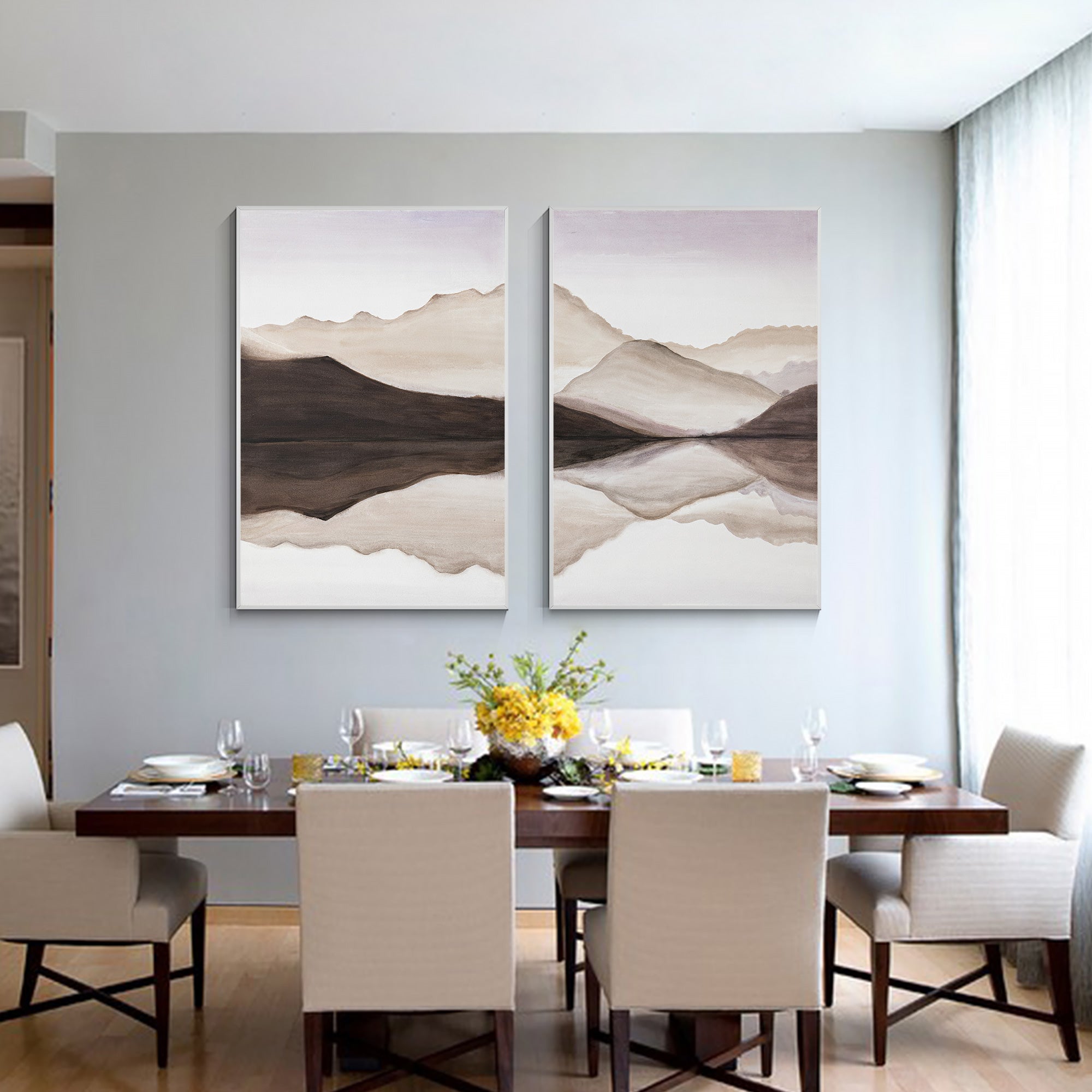 Set of 2 earth-tone mountain landscape paintings on canvas, original watercolor-style art with framed design, perfect for modern wall decor.