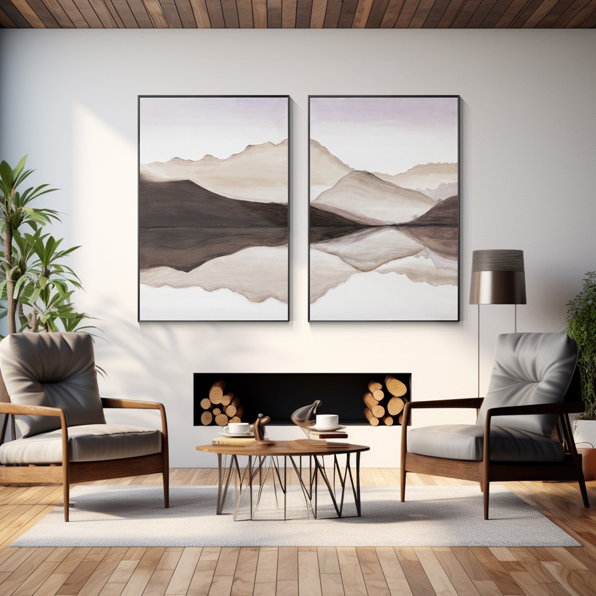 Set of 2 earth-tone mountain landscape paintings on canvas, original watercolor-style art with framed design, perfect for modern wall decor.