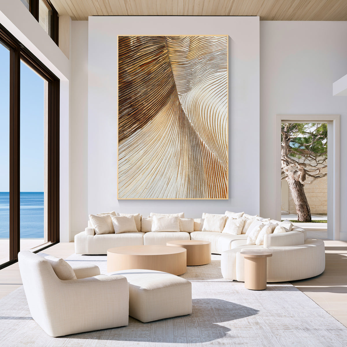 Contemporary abstract botanical line art on canvas with rich warm bronze, gold, and white plaster texture.