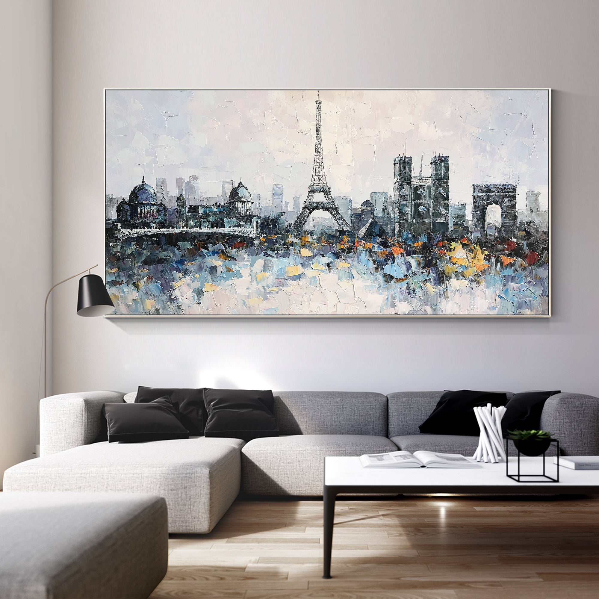 Textured oil painting of Eiffel Tower and Paris skyline.