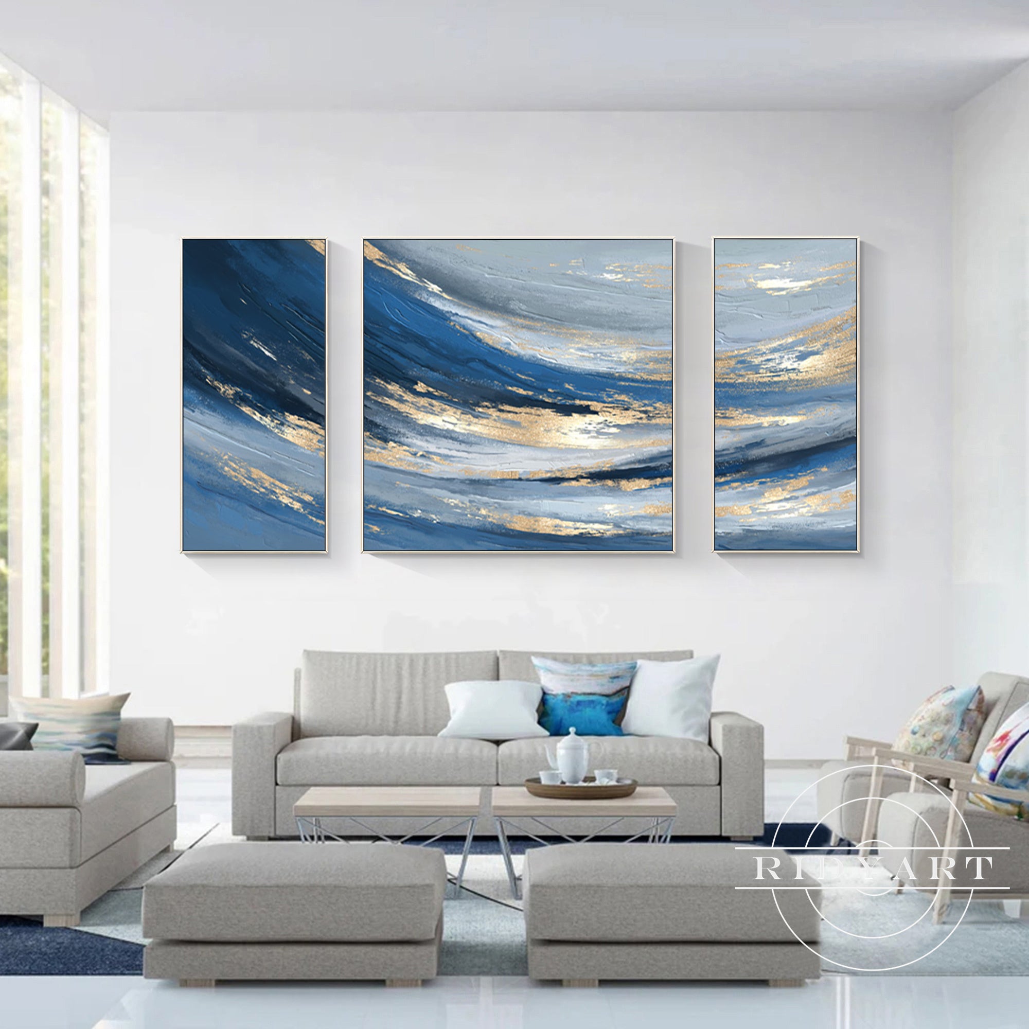 Modern abstract triptych wall art in blue and gold tones