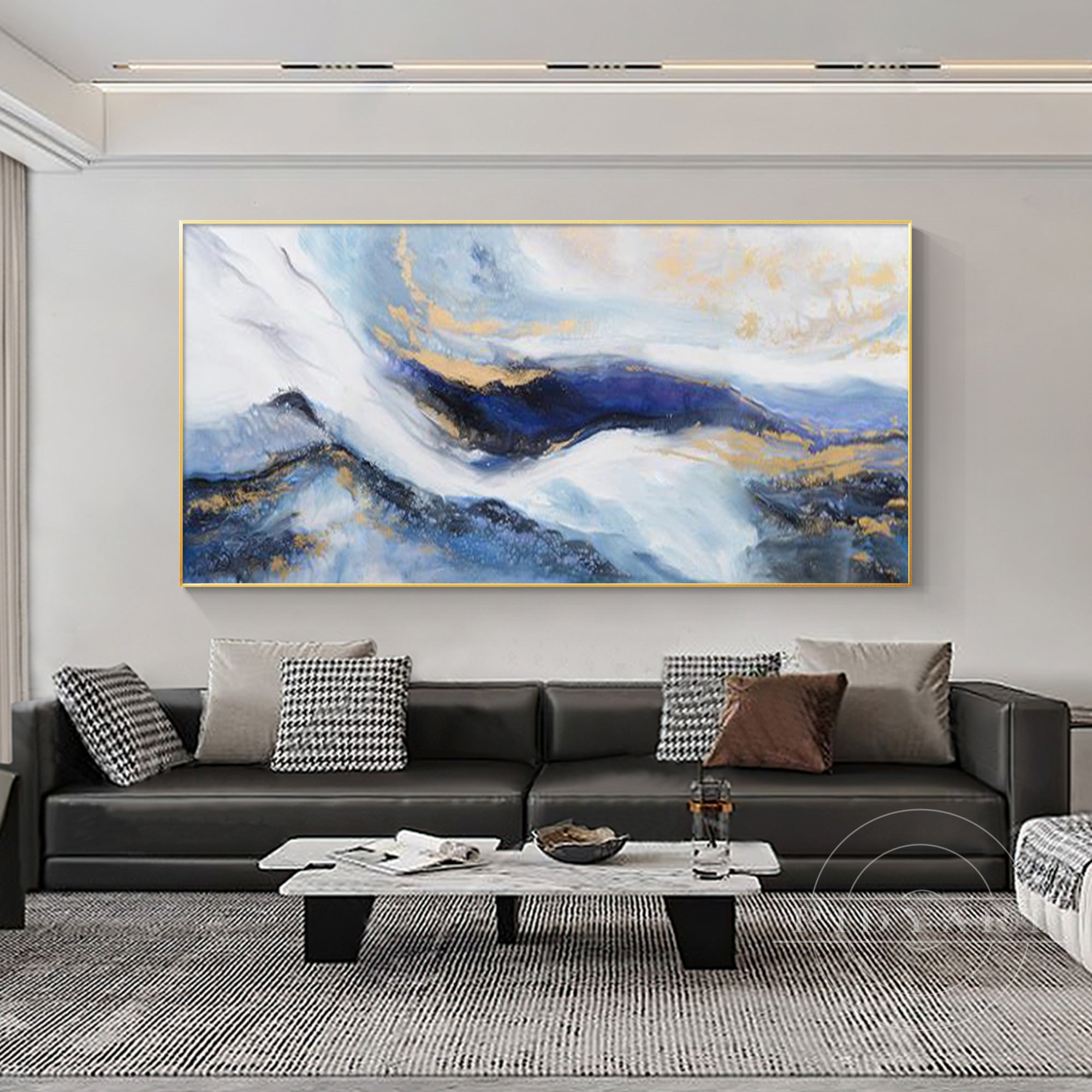 Elegant blue and gold painting displayed in a modern living room