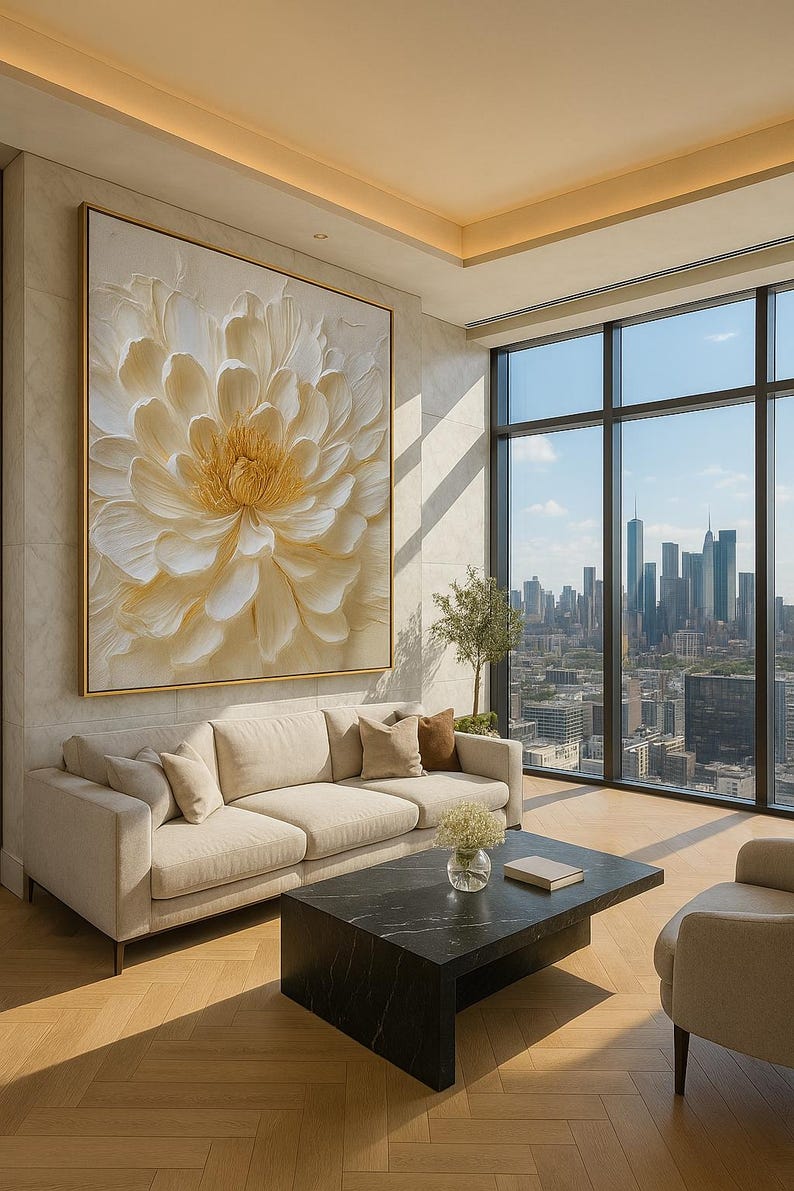 Close-up of 3D white flowers in a neutral canvas painting for elegant walls