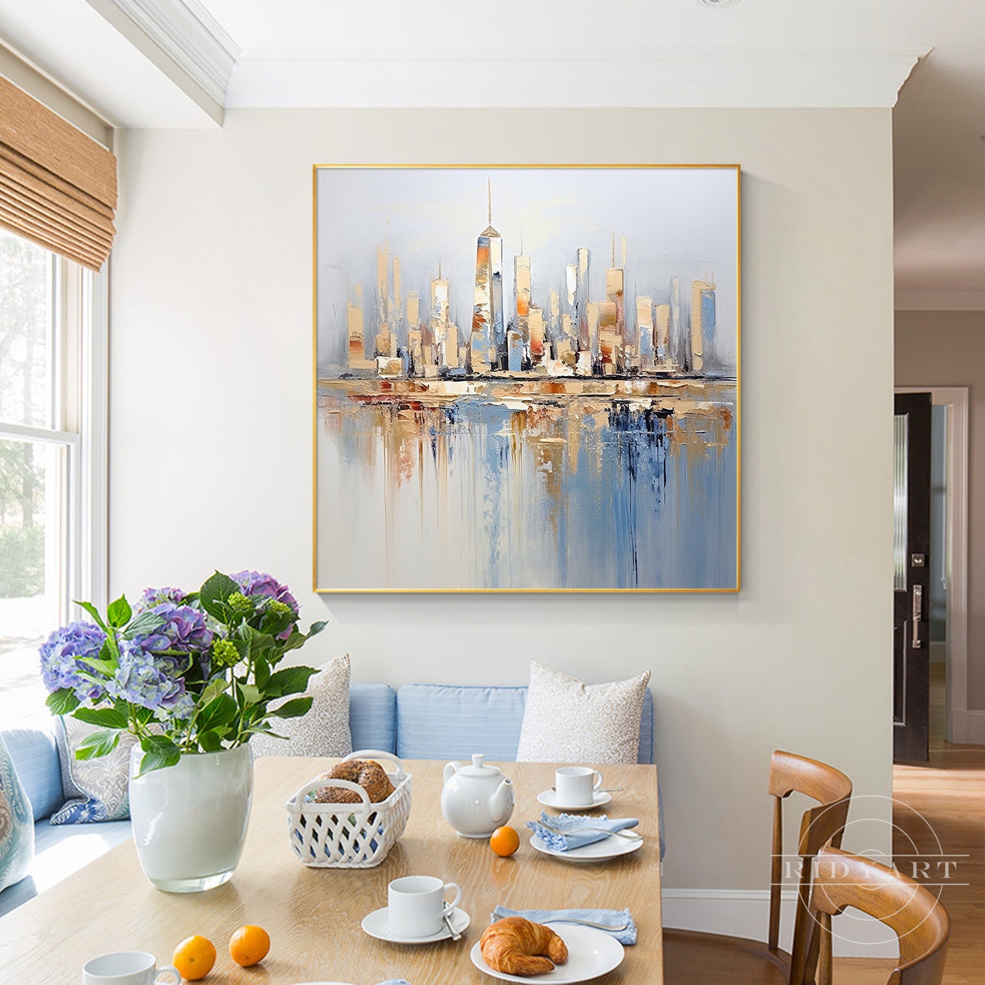 Textured city painting in blue and gold for modern home decoration