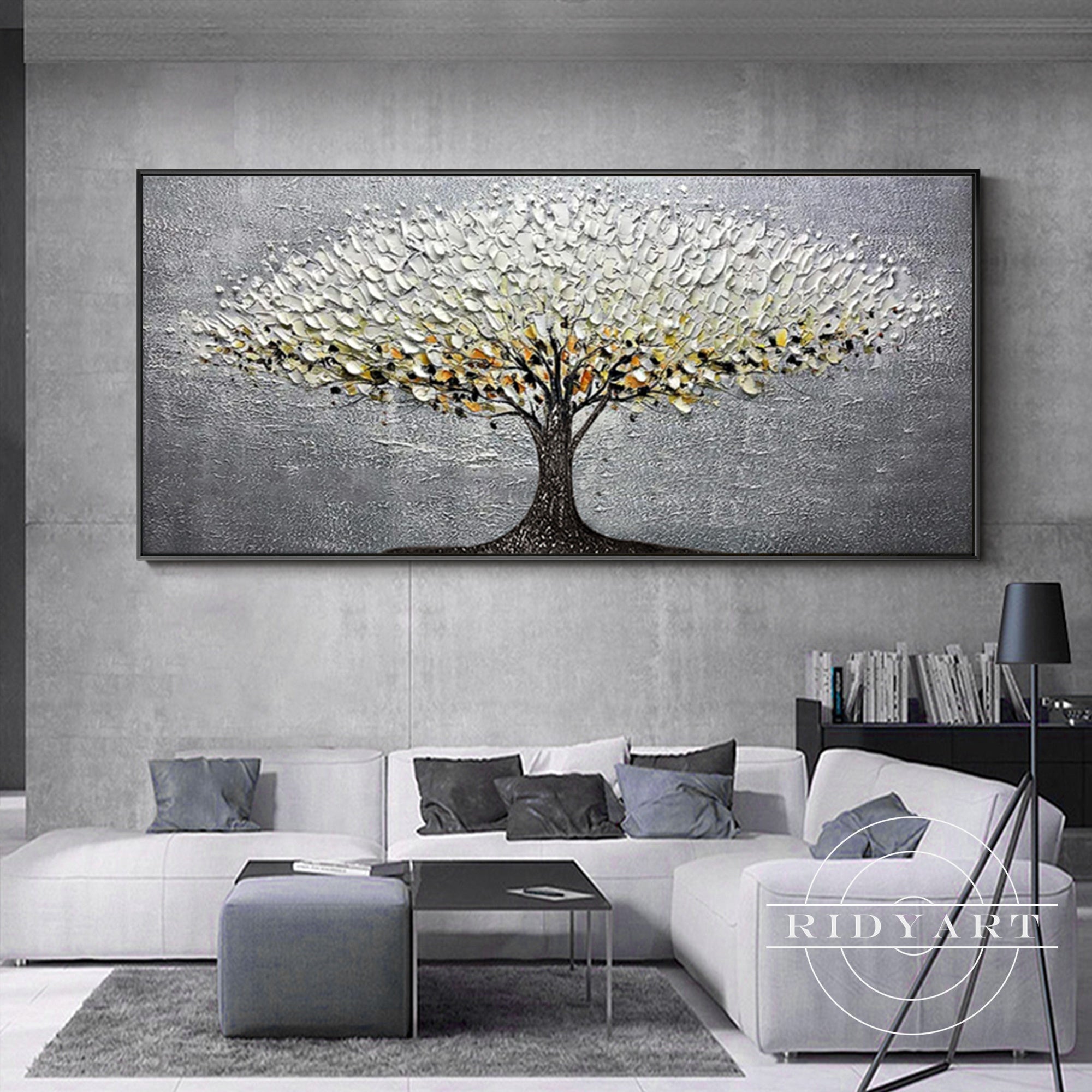 Contemporary tree artwork with a textured metallic finish.