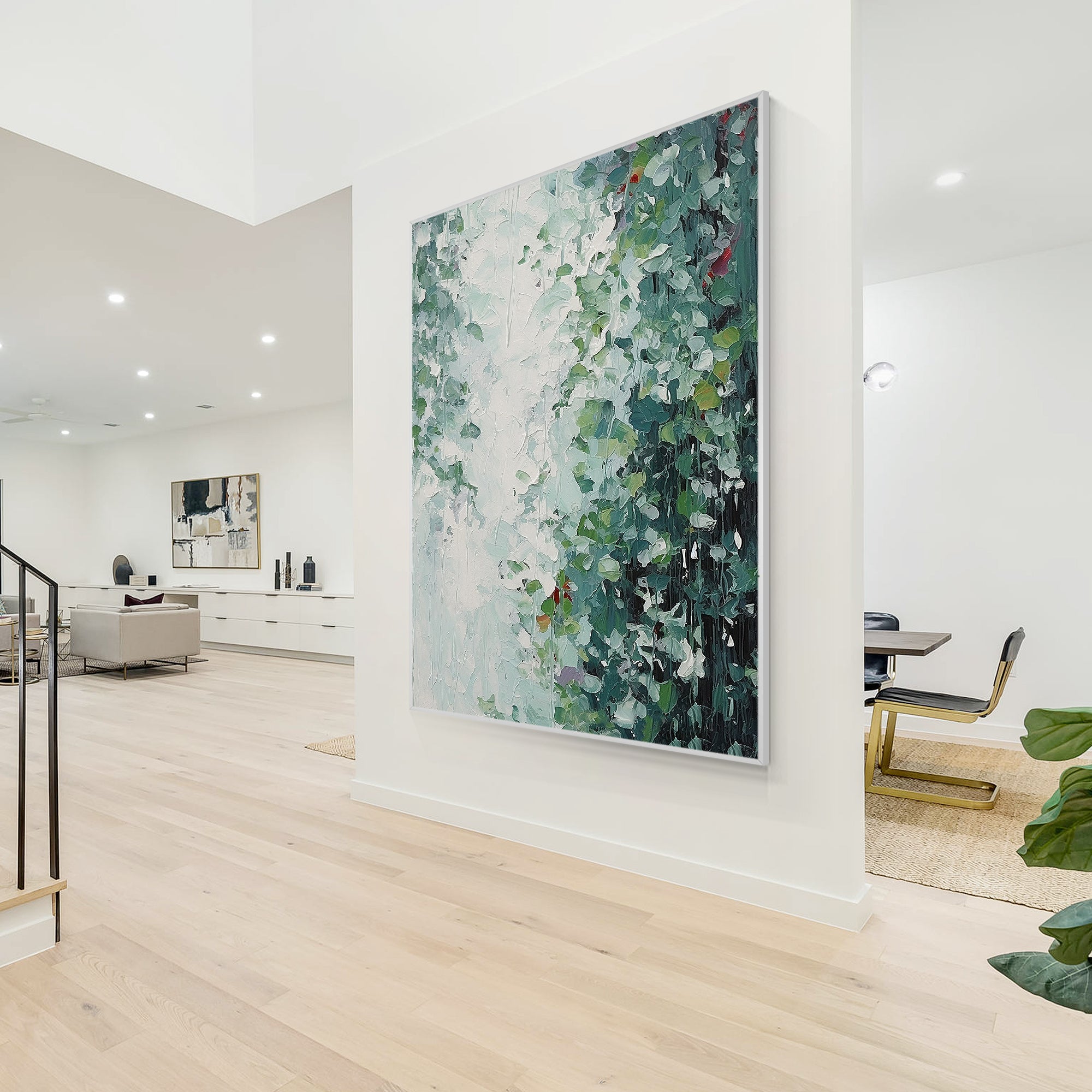 Emerald green abstract botanical canvas painting with textured leaves