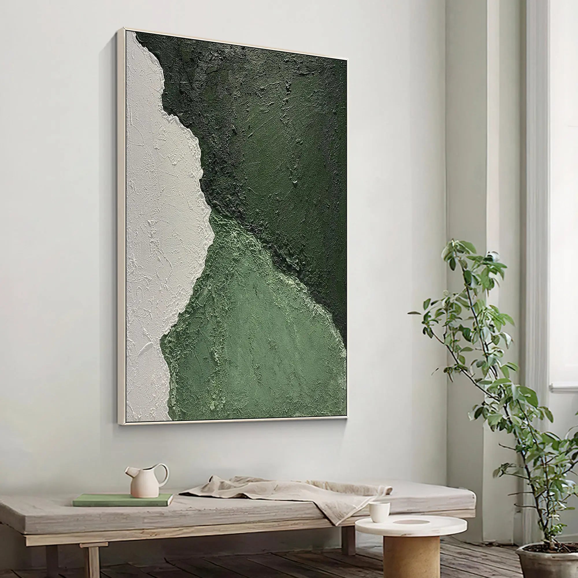 Minimalist sage and emerald green wall art with artistic texture for home decor