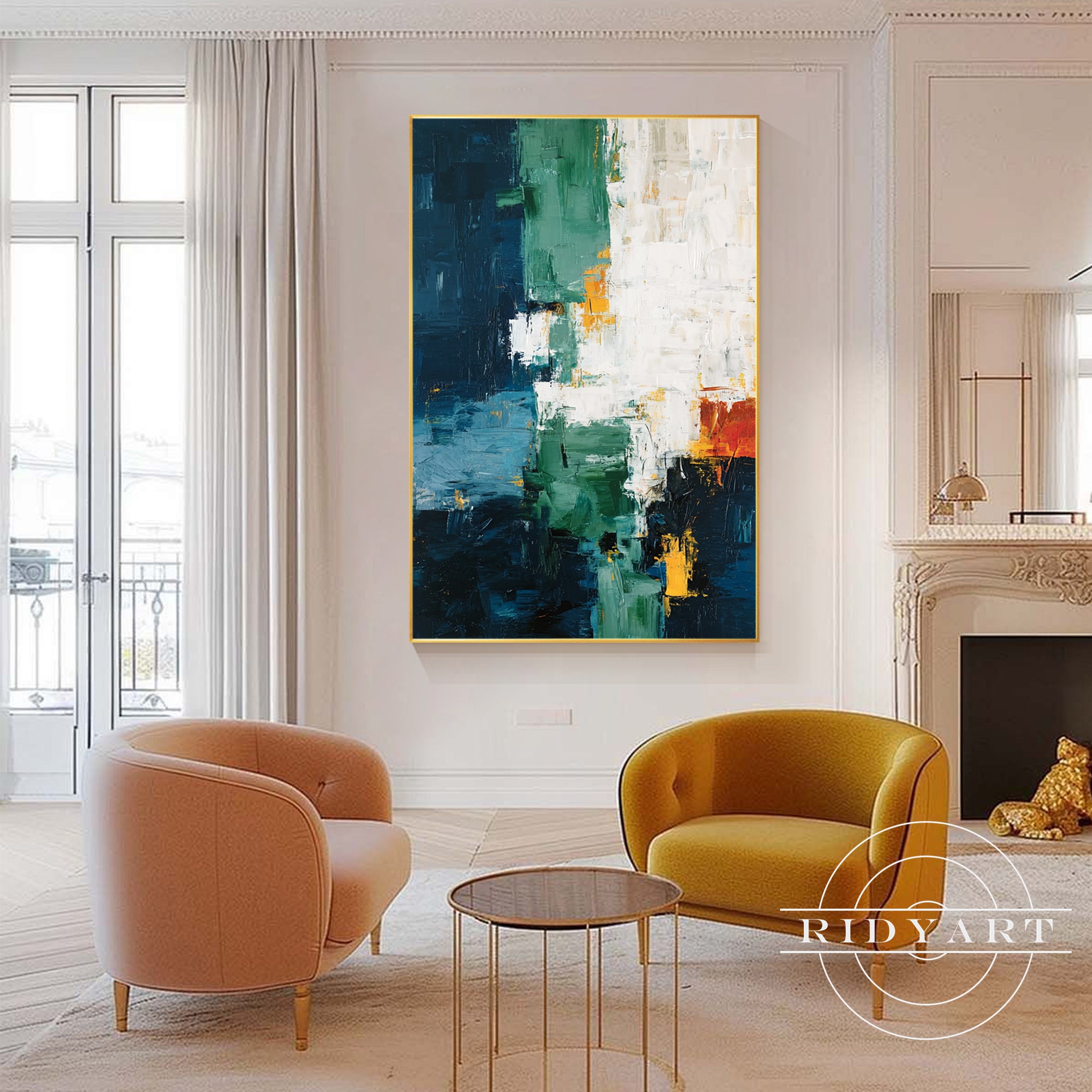 Contemporary emerald green and navy artwork for modern home decor